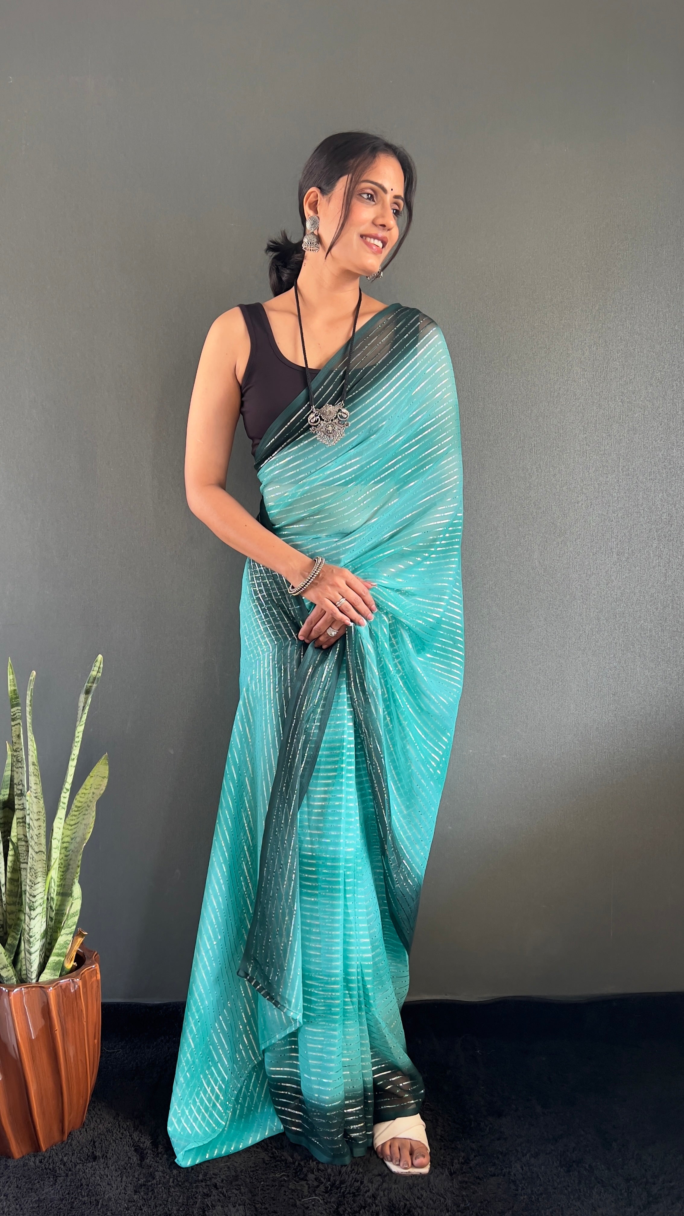 Gemma One Minute Ready To Wear Aqua Blue Dual Shade Saree With Unstiched Blouse