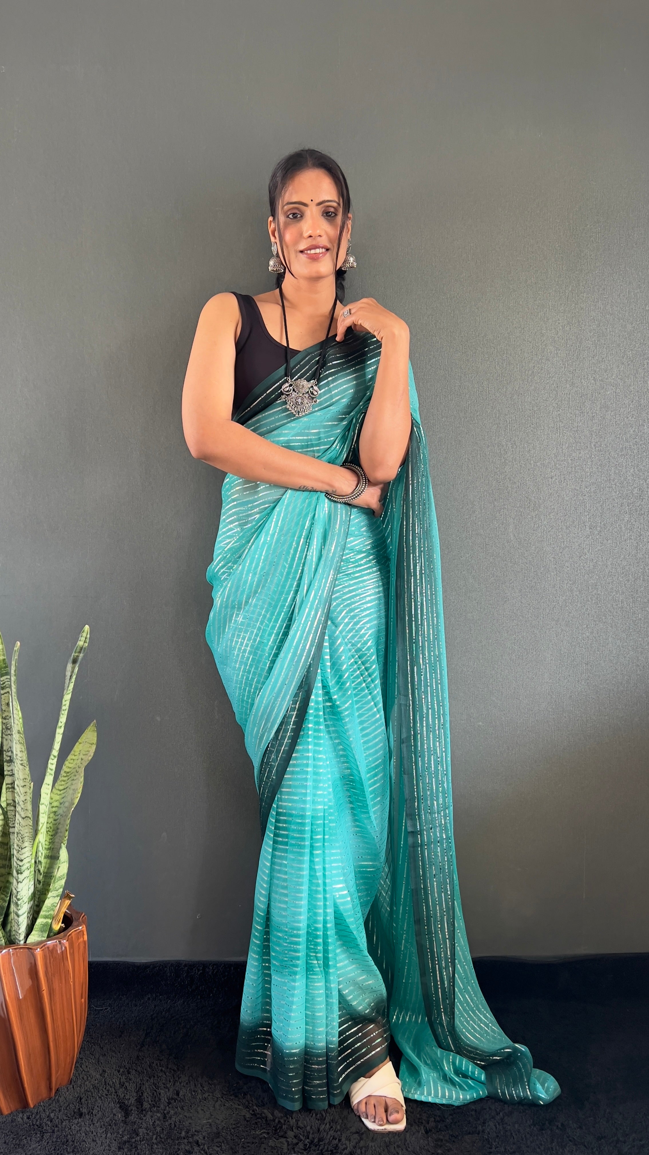 Gemma One Minute Ready To Wear Aqua Blue Dual Shade Saree With Unstiched Blouse