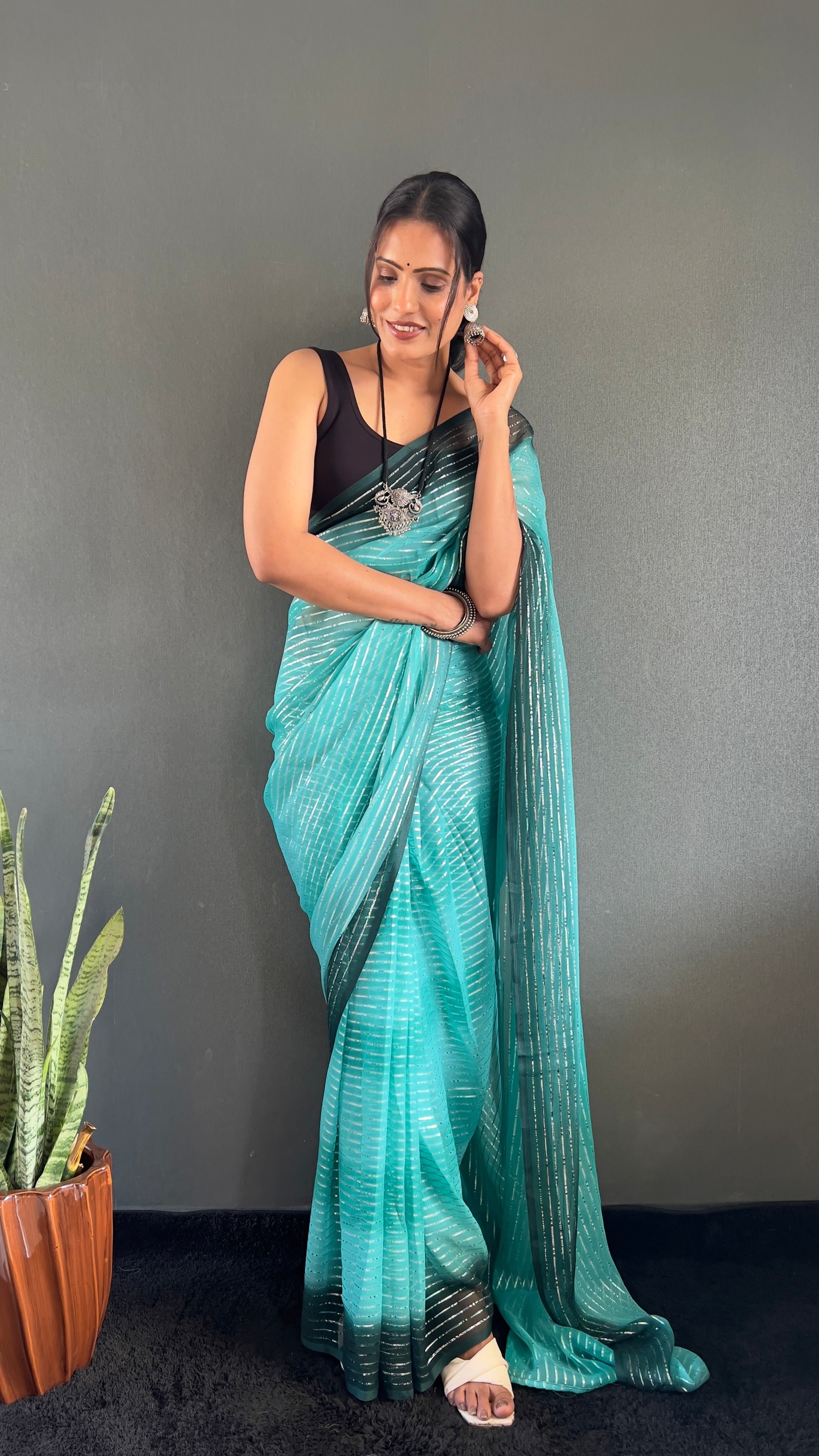 Gemma One Minute Ready To Wear Aqua Blue Dual Shade Saree With Unstiched Blouse