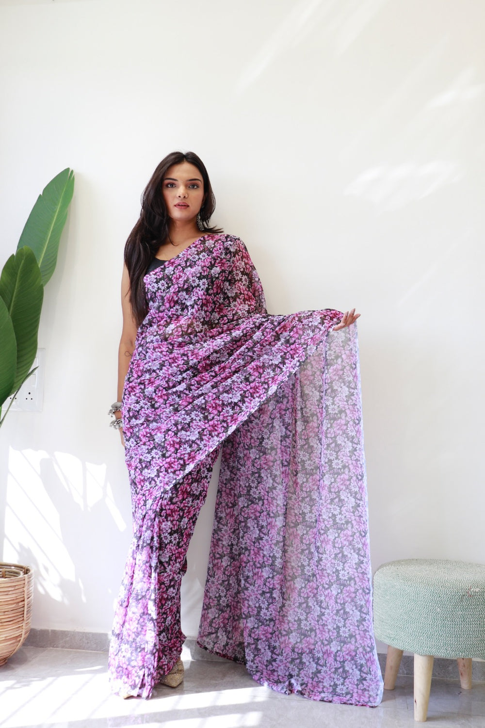 One Minute Ready To Wear Violet Garden Pure Soft Georgette SilkSaree