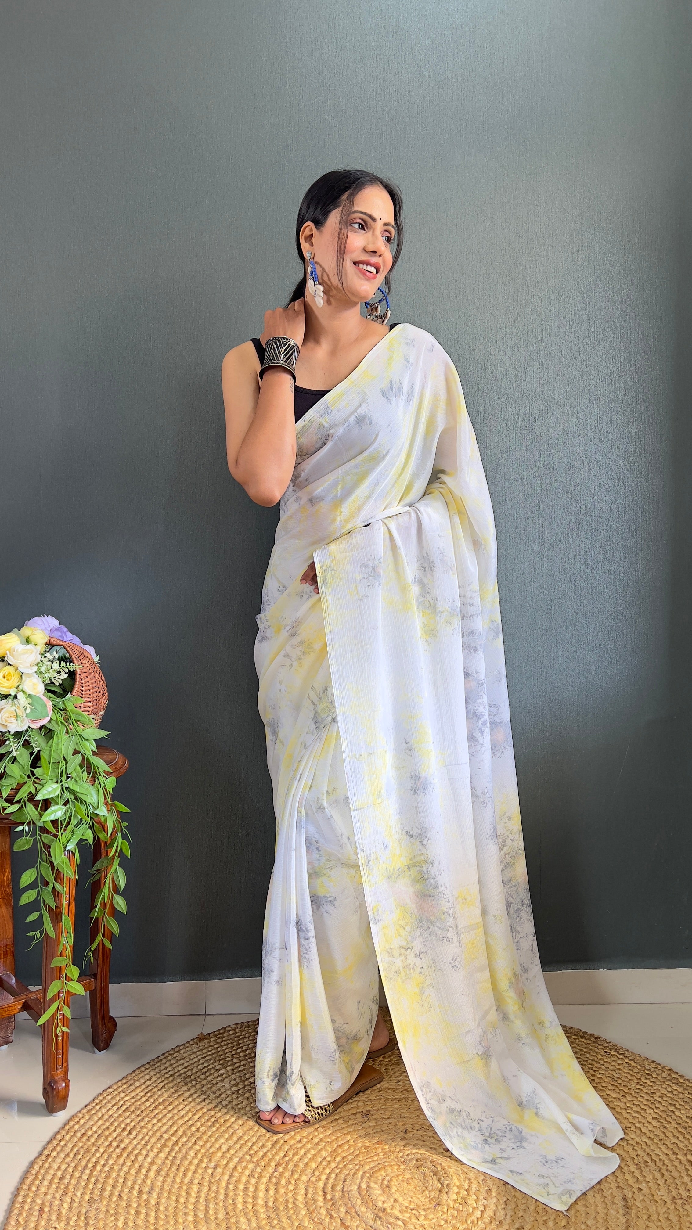 Kalar One Minute Ready To Wear Yellow-Grey Saree With Unstiched Blouse