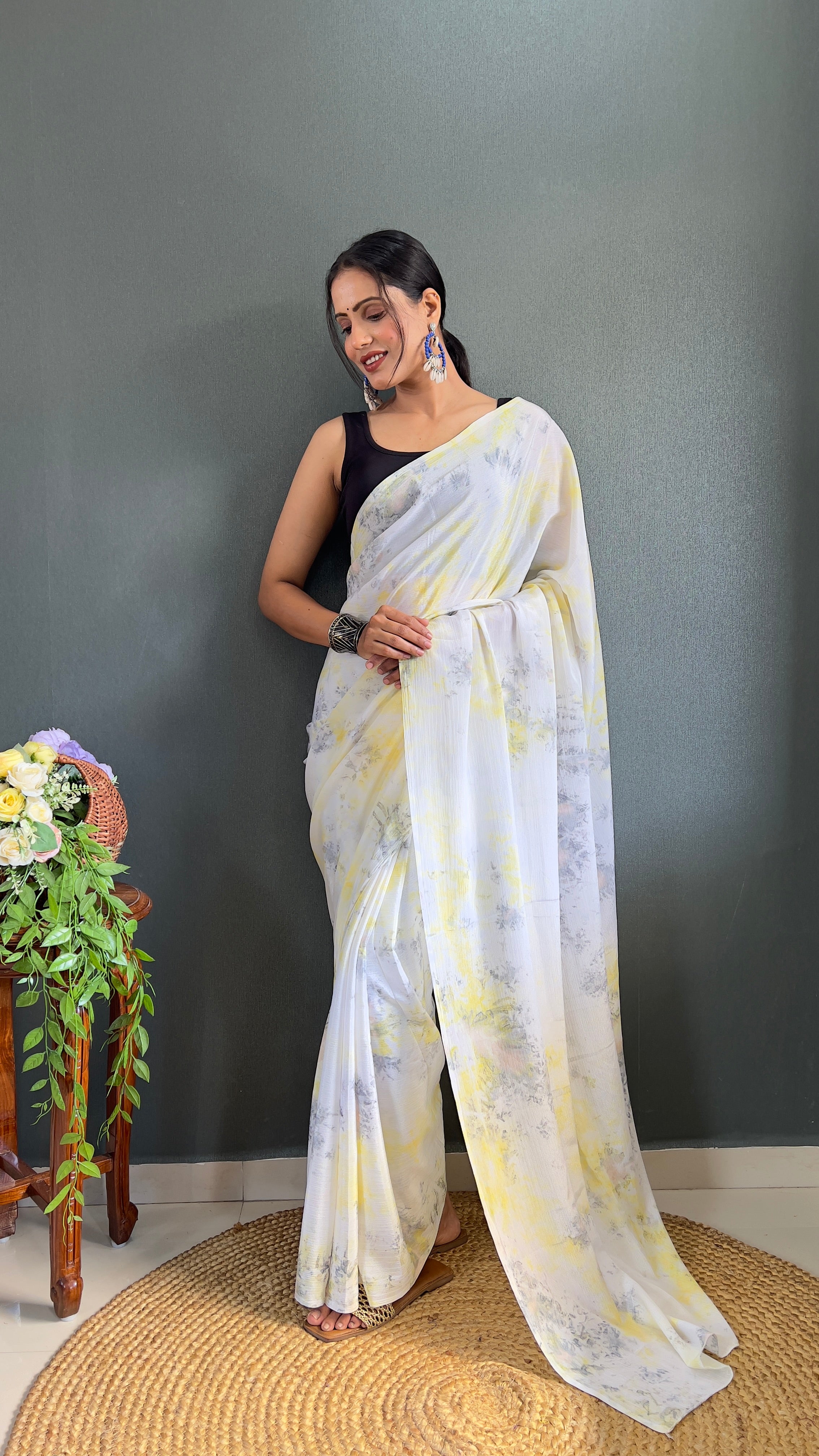 Kalar One Minute Ready To Wear Yellow-Grey Saree With Unstiched Blouse