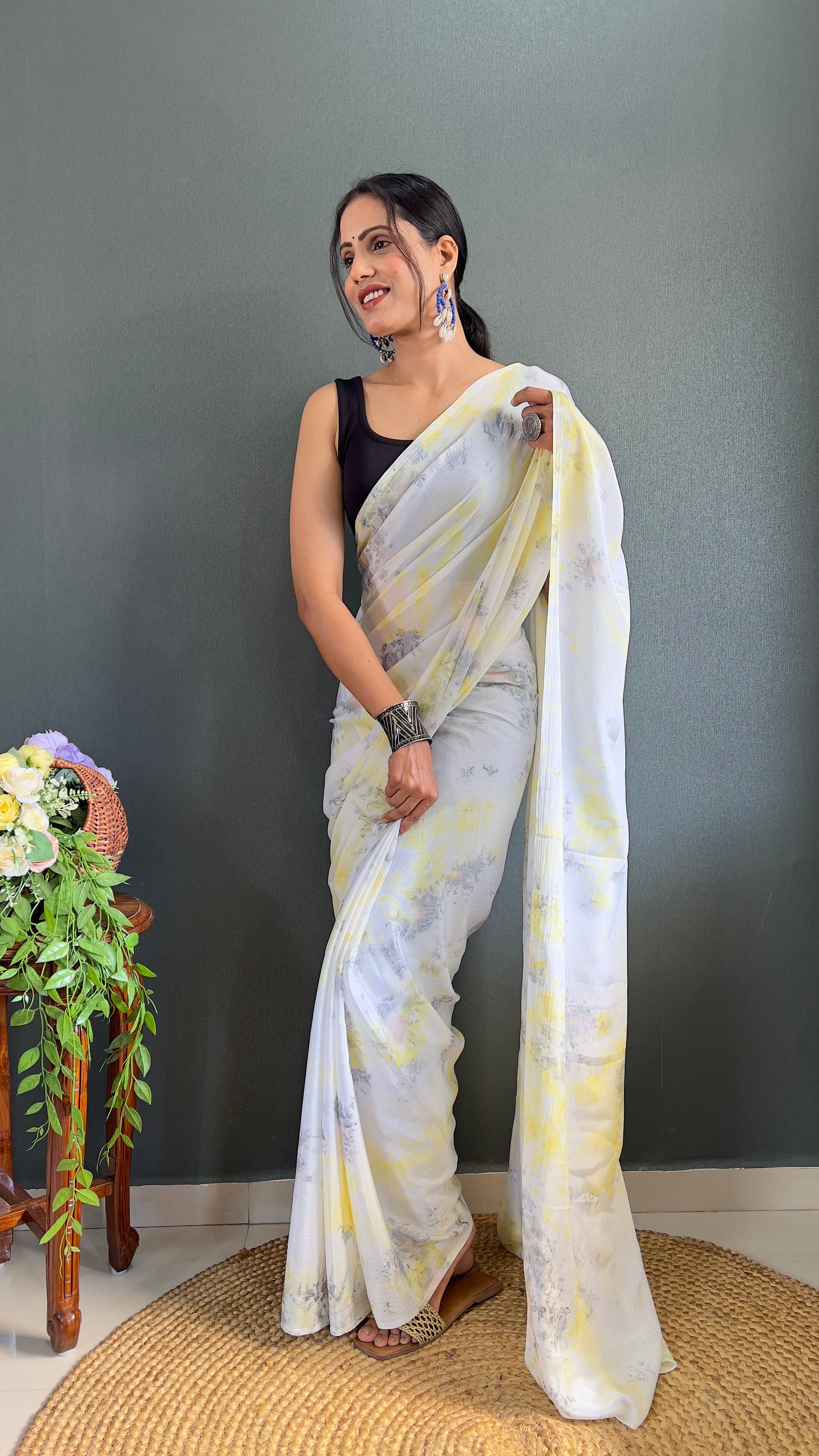 Kalar One Minute Ready To Wear Yellow-Grey Saree With Unstiched Blouse