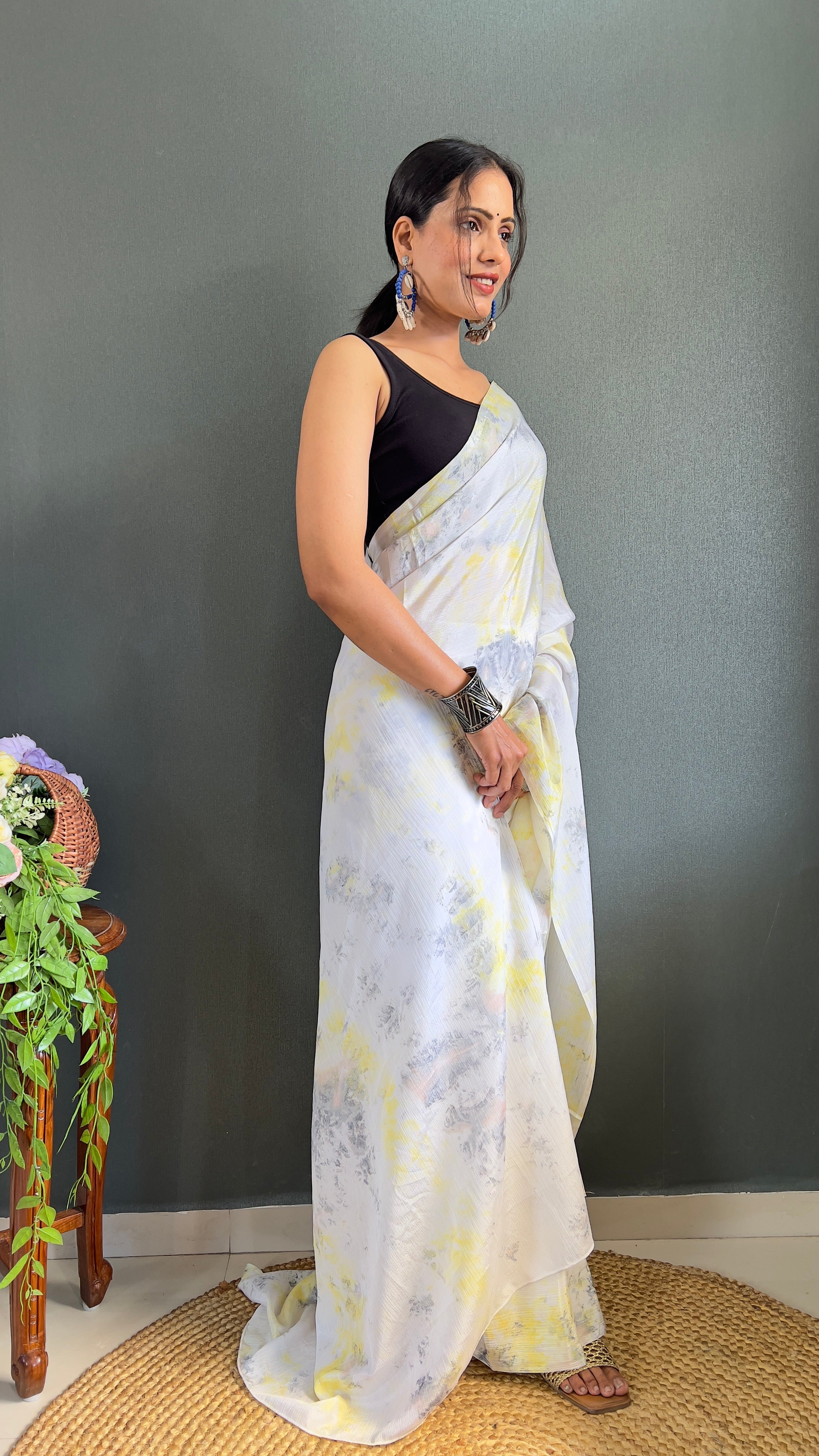 Kalar One Minute Ready To Wear Yellow-Grey Saree With Unstiched Blouse