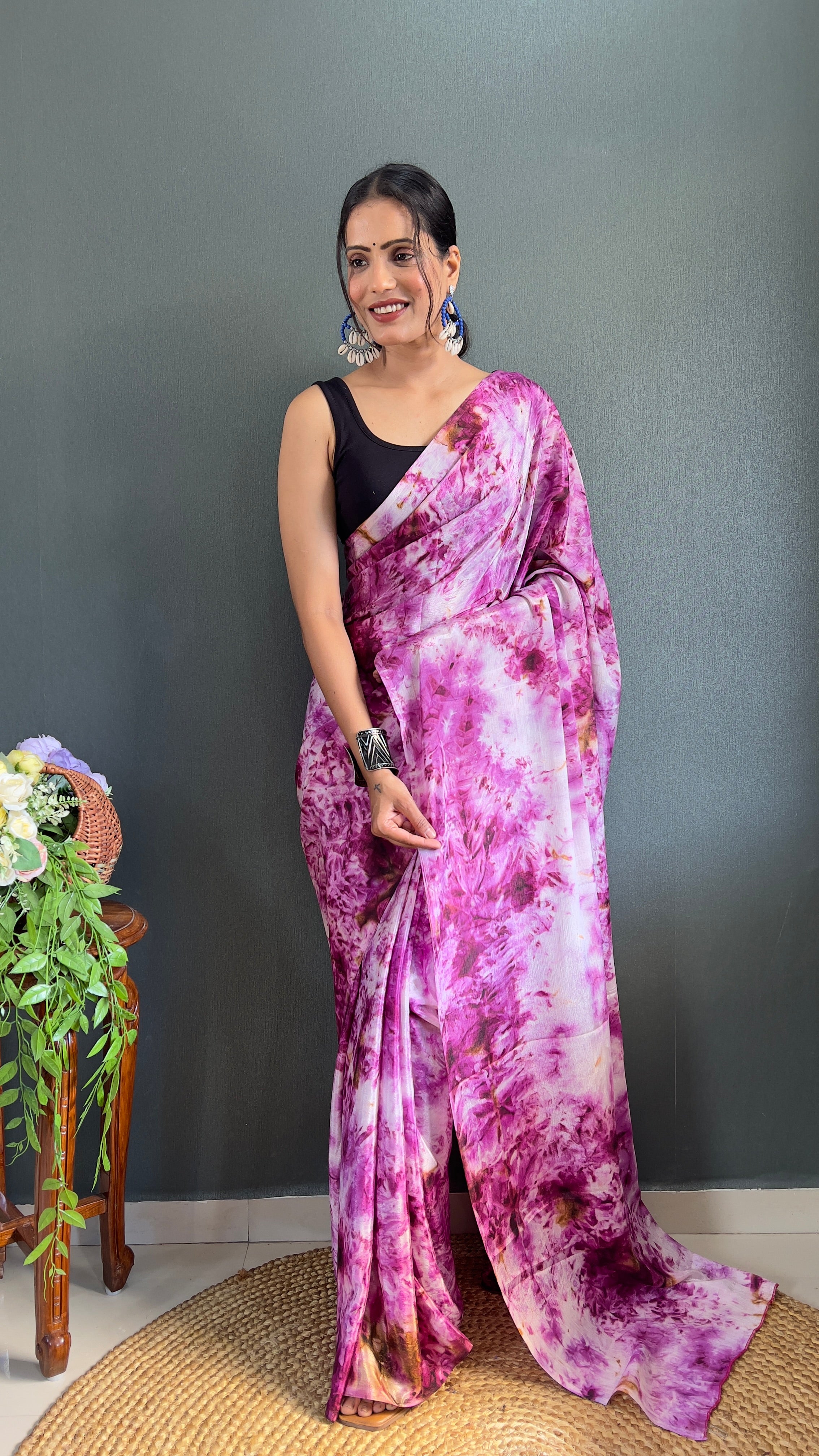 Kalar One Minute Ready To Wear Purple-White Saree With Unstiched Blouse