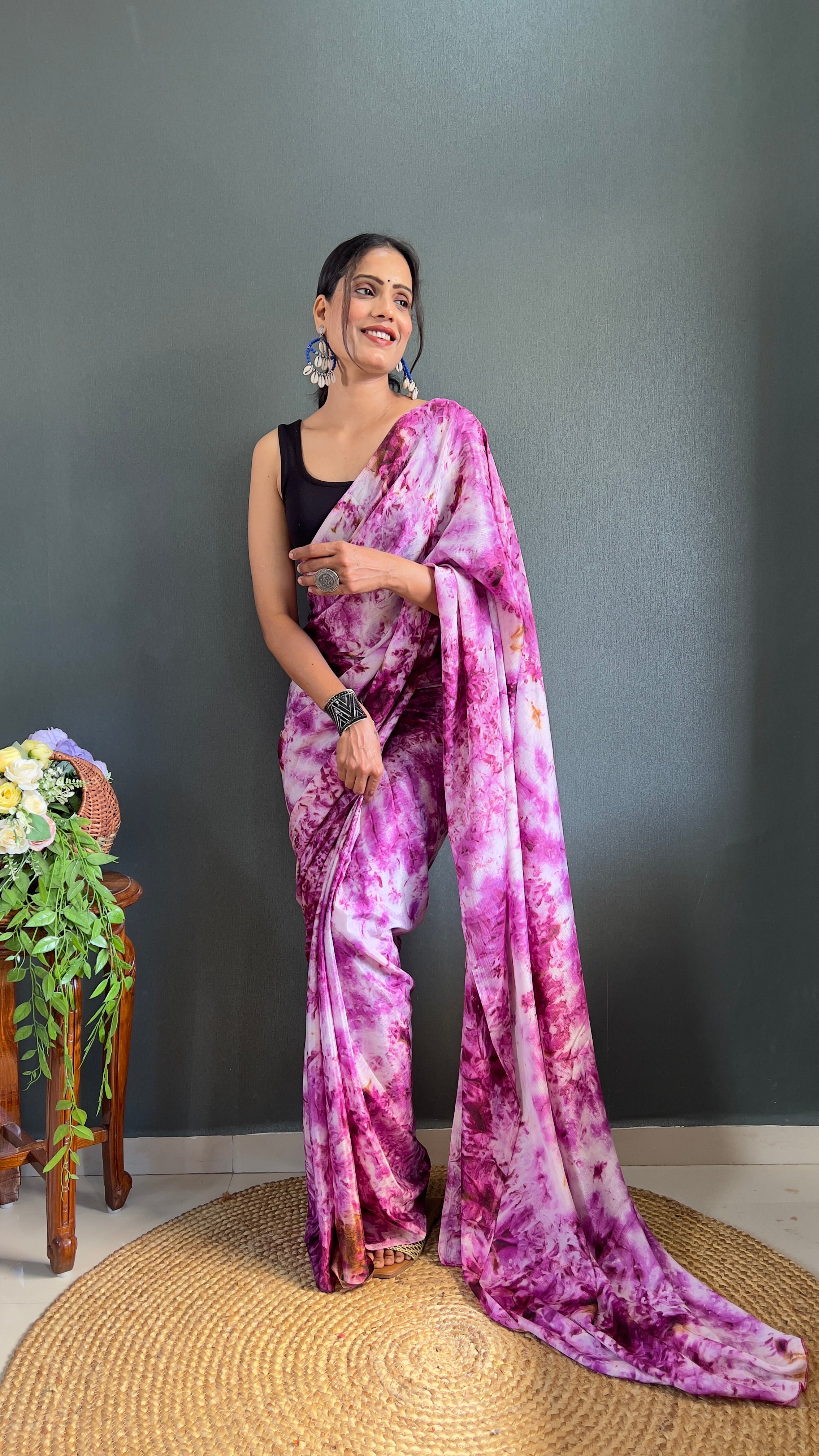 Kalar One Minute Ready To Wear Purple-White Saree With Unstiched Blouse