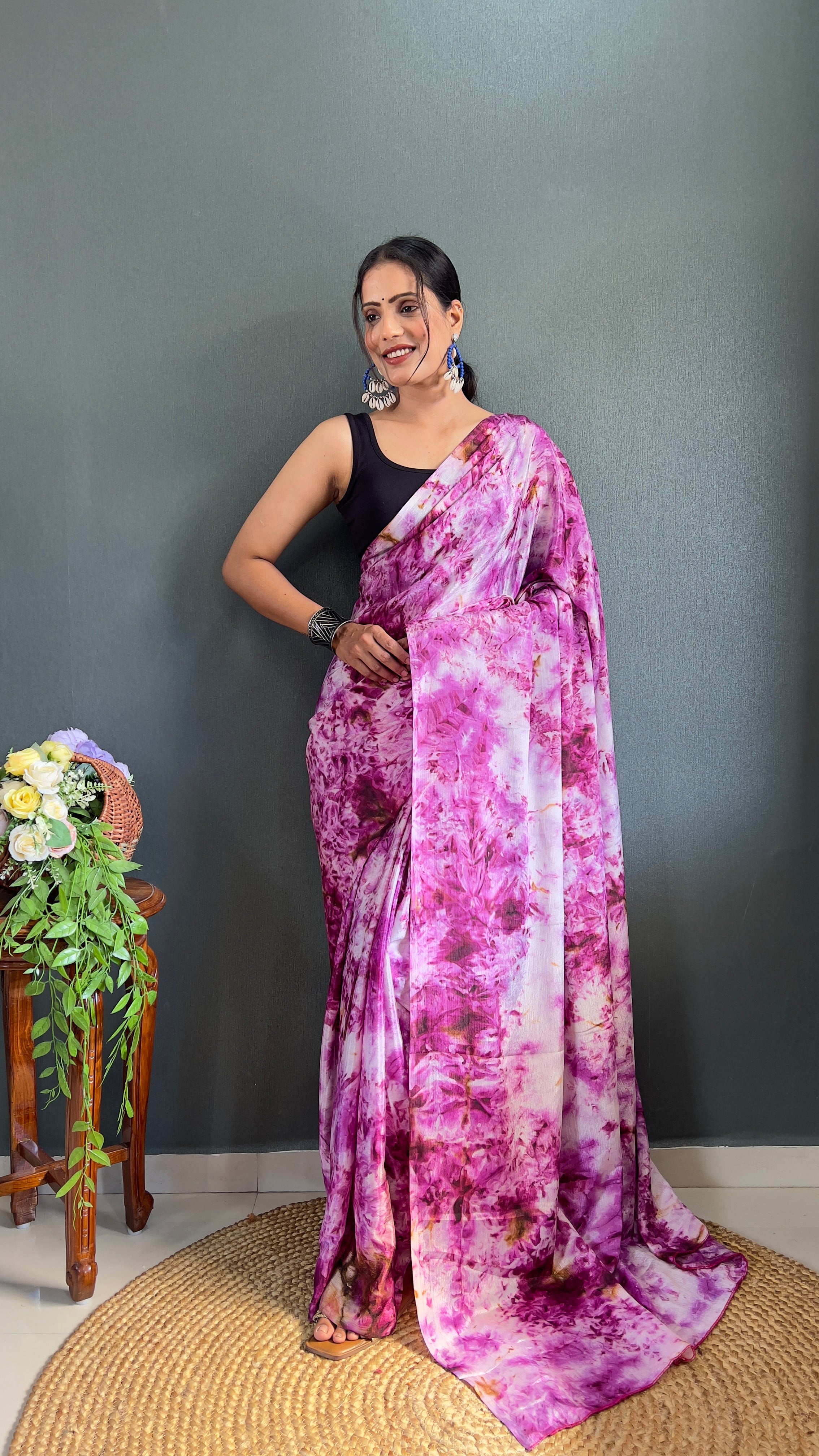 Kalar One Minute Ready To Wear Purple-White Saree With Unstiched Blouse