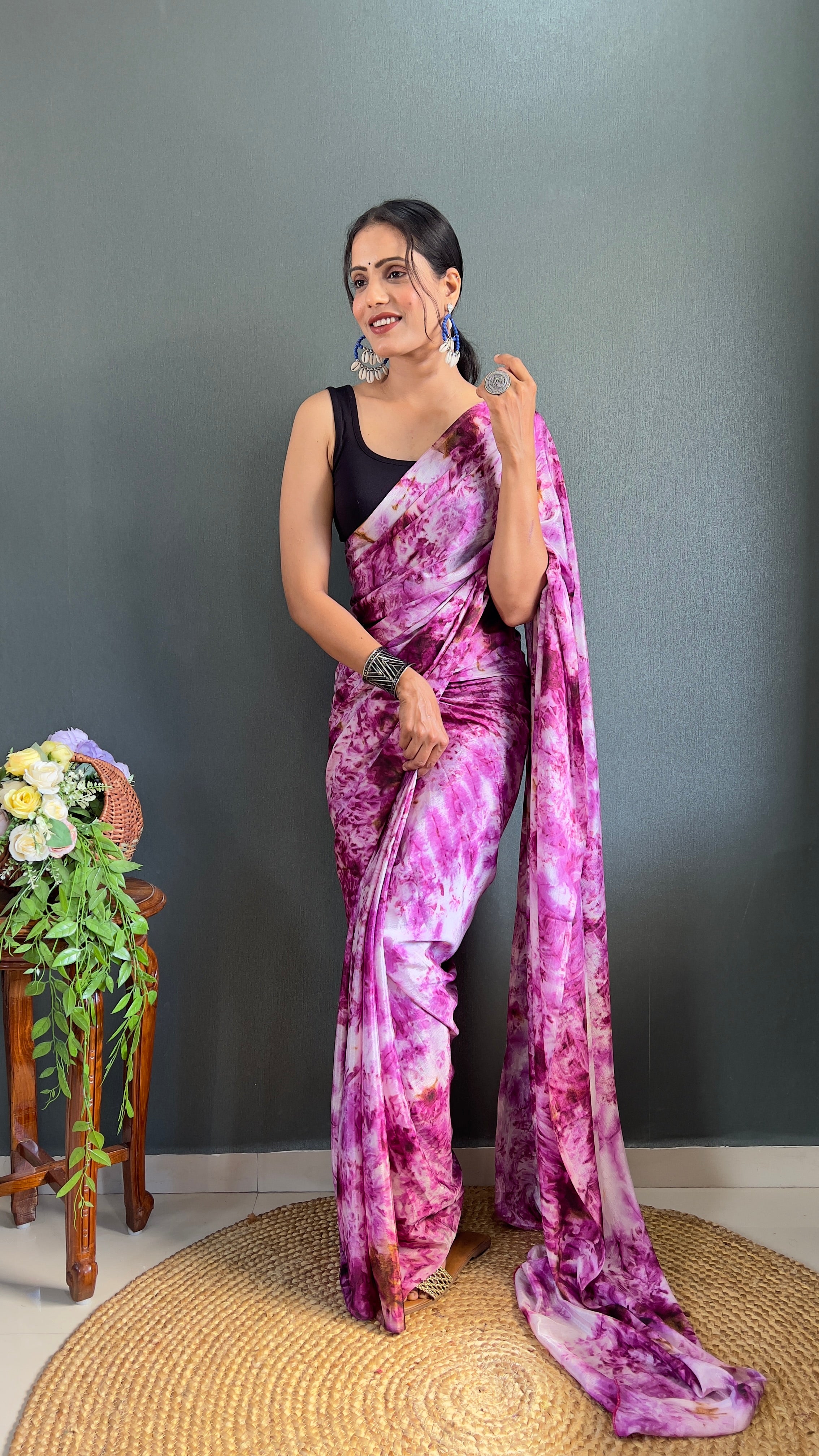 Kalar One Minute Ready To Wear Purple-White Saree With Unstiched Blouse