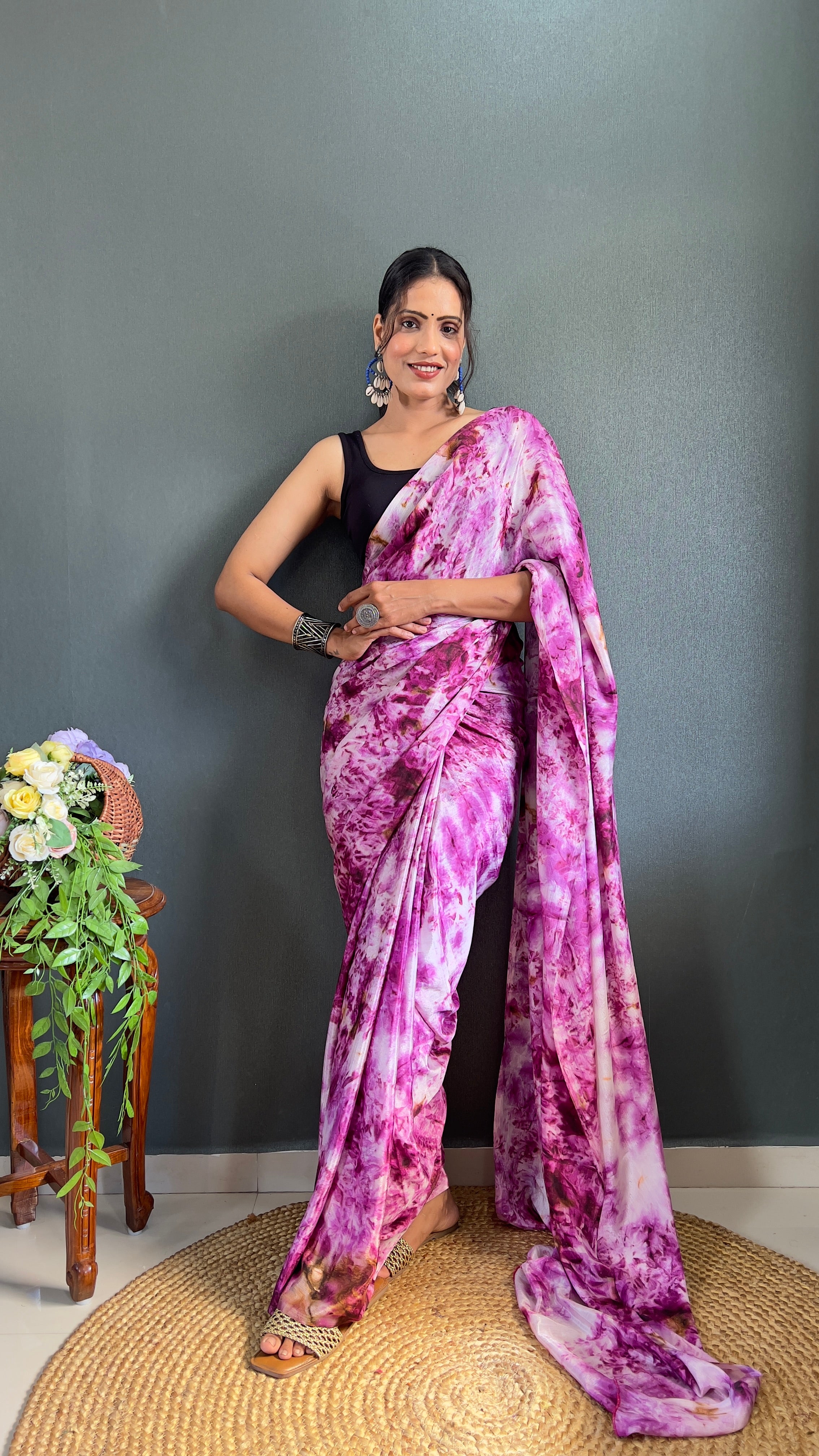 Kalar One Minute Ready To Wear Purple-White Saree With Unstiched Blouse