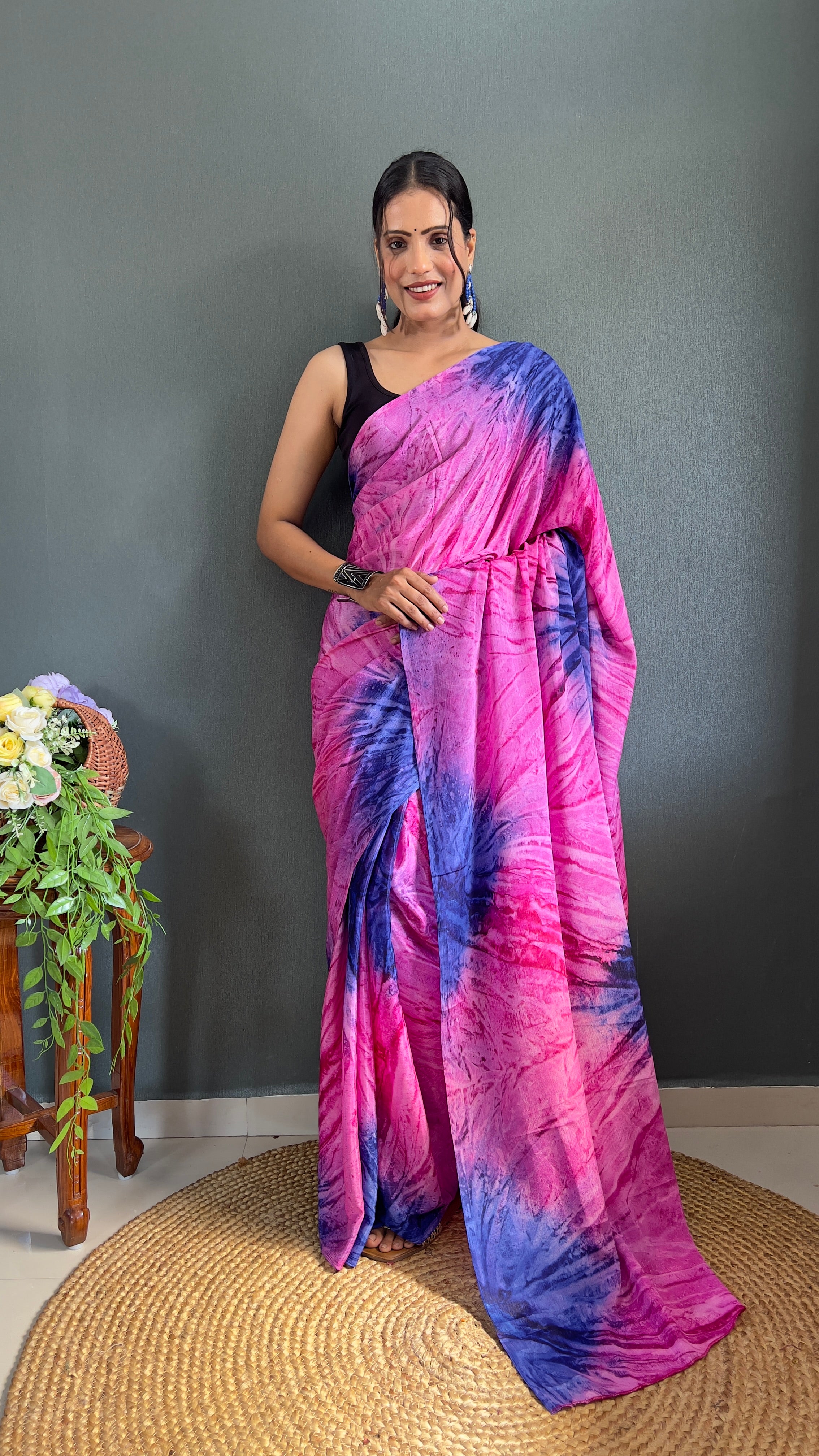 Kalar One Minute Ready To Wear Pink-Blue Saree With Unstiched Blouse