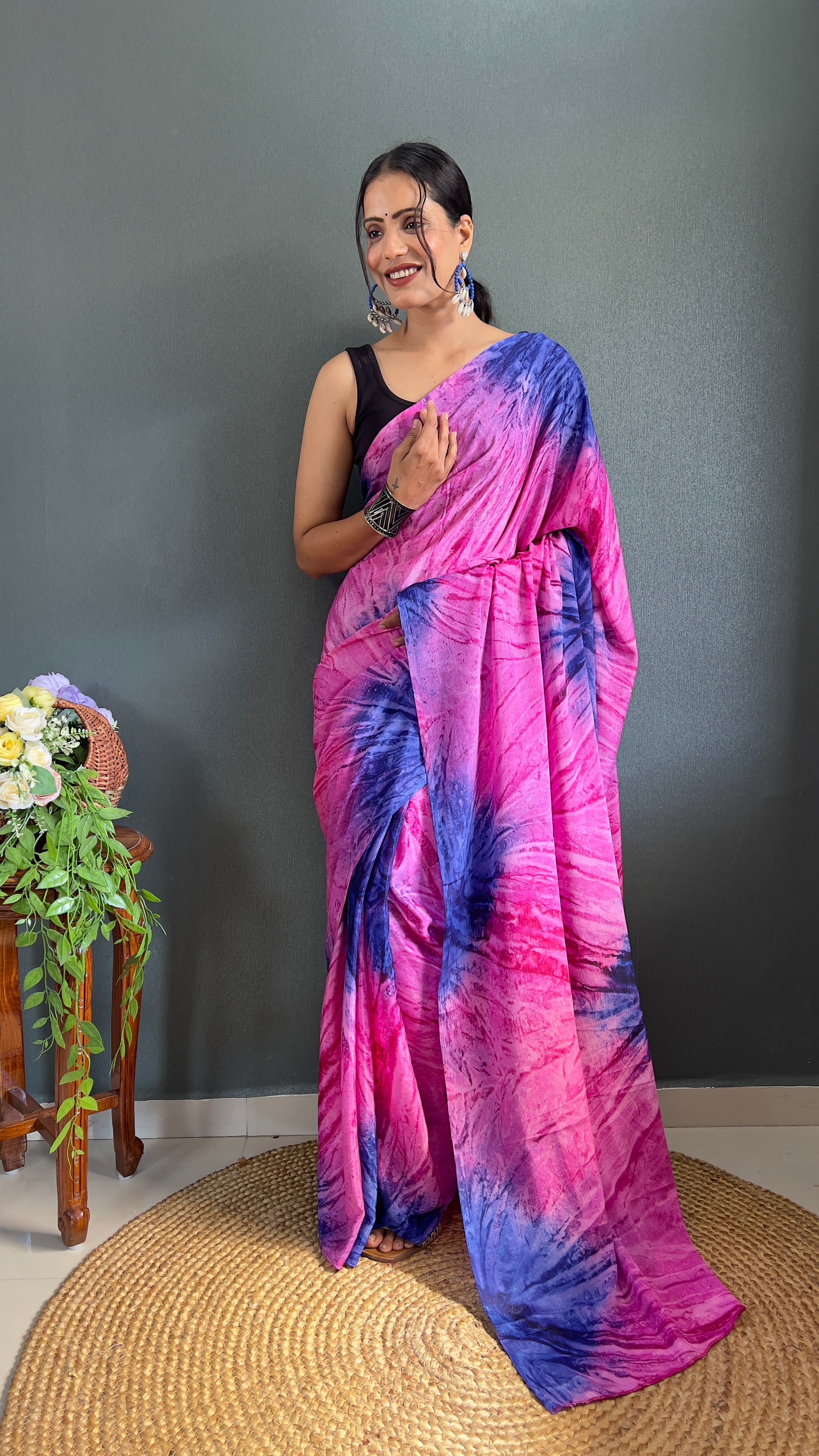 Kalar One Minute Ready To Wear Pink-Blue Saree With Unstiched Blouse