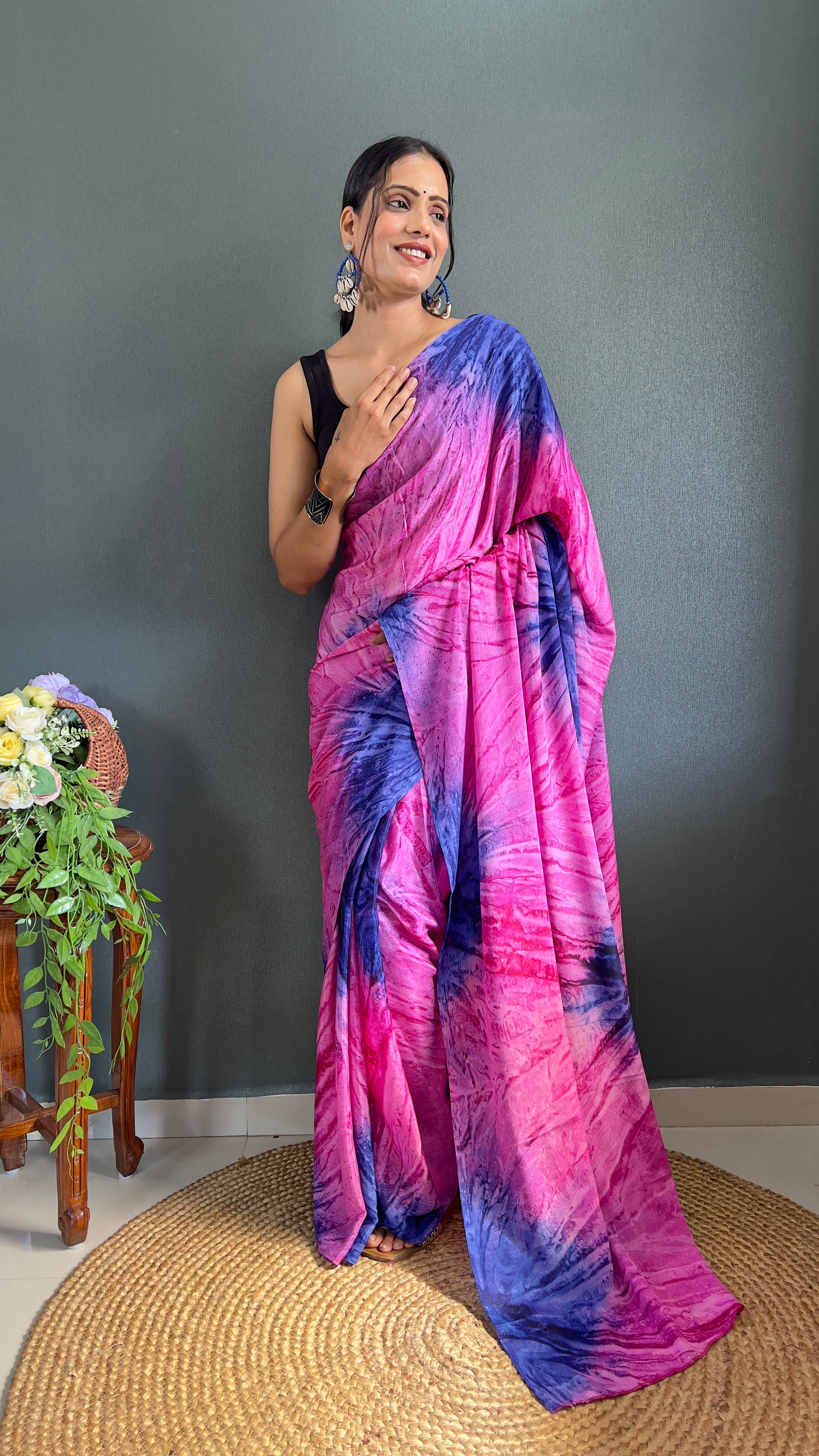 Kalar One Minute Ready To Wear Pink-Blue Saree With Unstiched Blouse