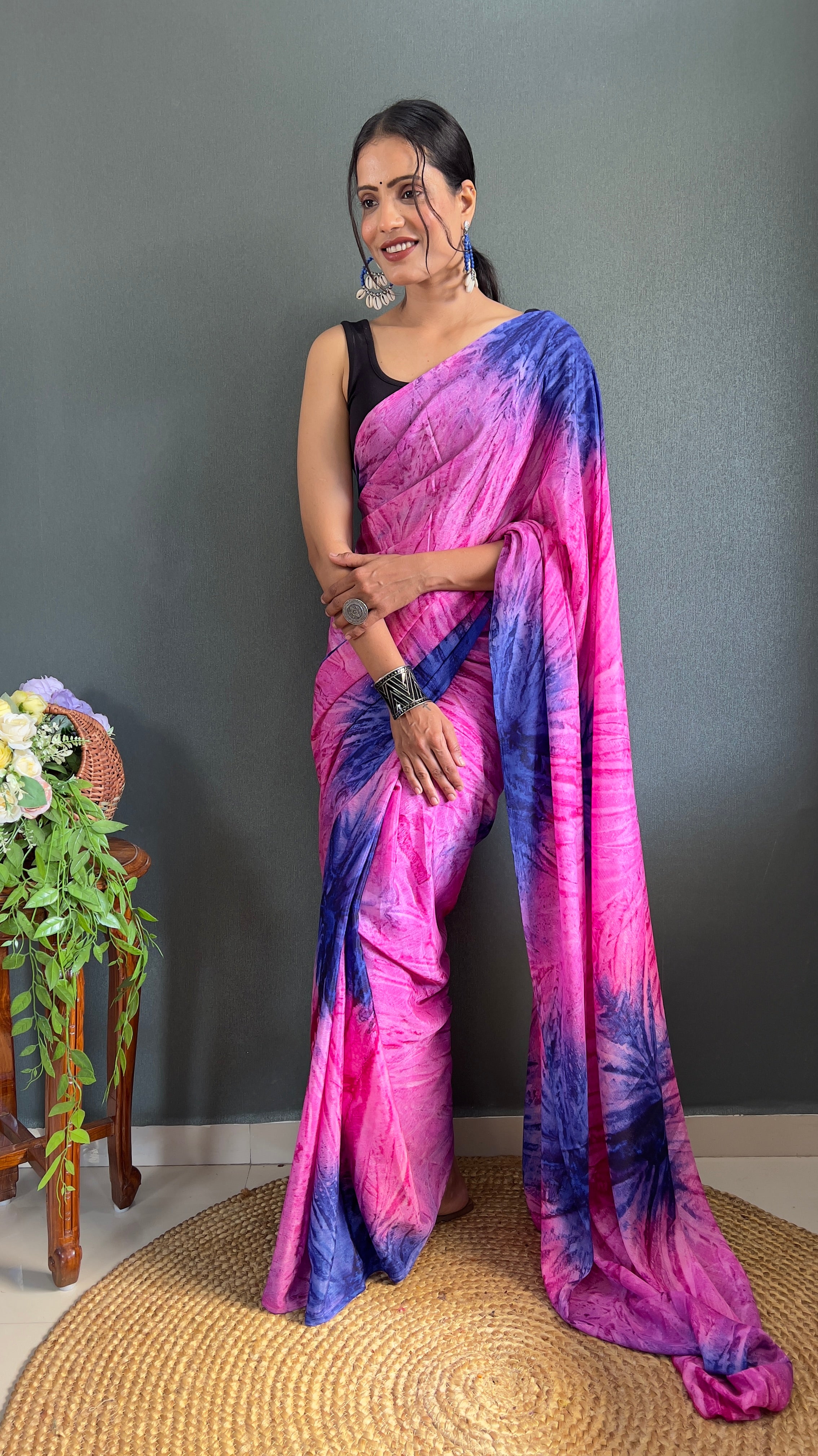 Kalar One Minute Ready To Wear Pink-Blue Saree With Unstiched Blouse