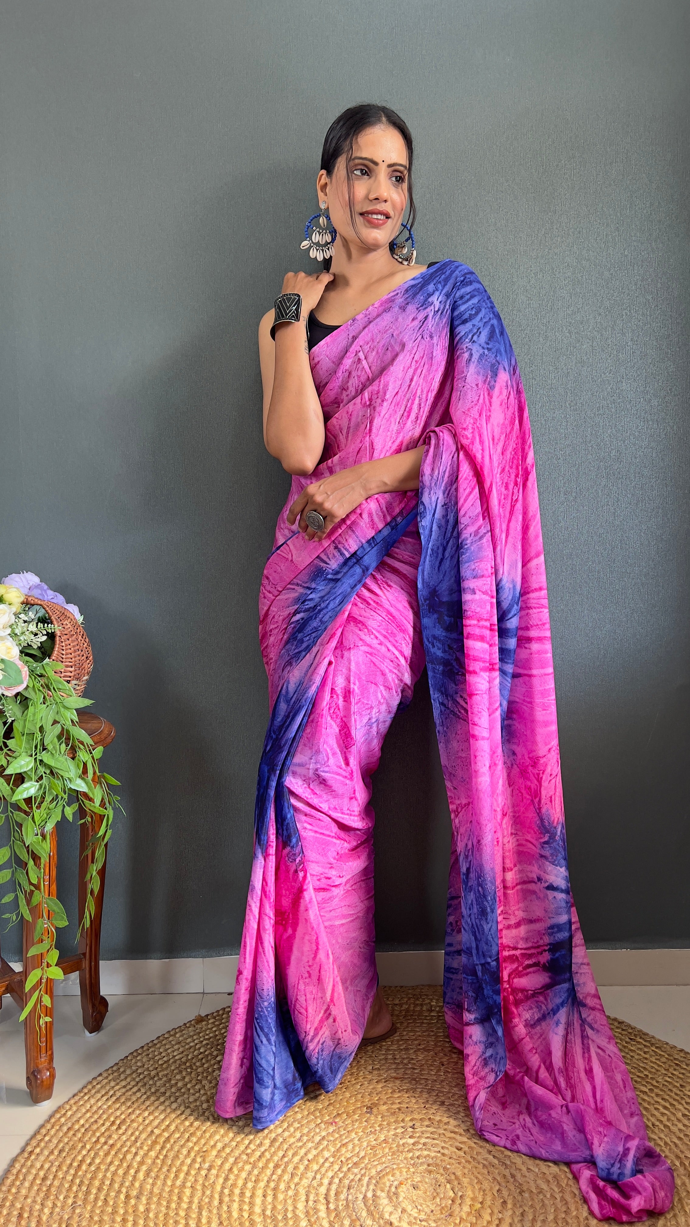 Kalar One Minute Ready To Wear Pink-Blue Saree With Unstiched Blouse