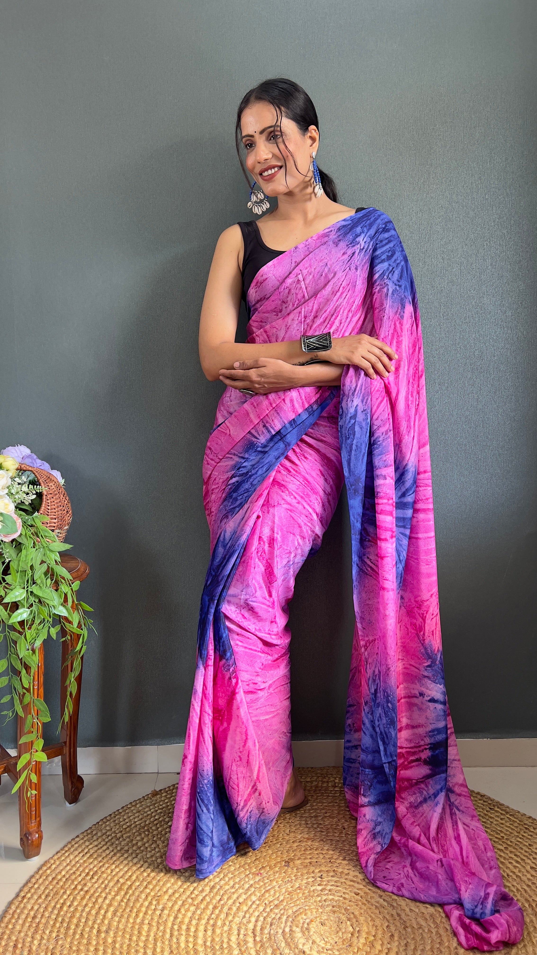 Kalar One Minute Ready To Wear Pink-Blue Saree With Unstiched Blouse