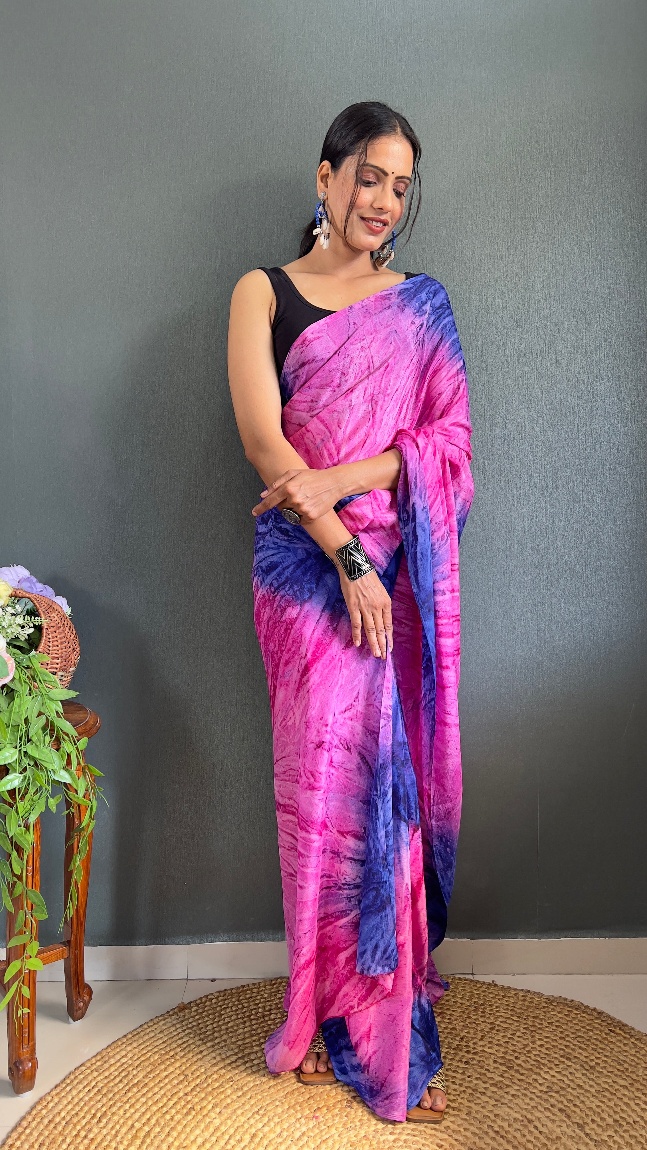 Kalar One Minute Ready To Wear Pink-Blue Saree With Unstiched Blouse