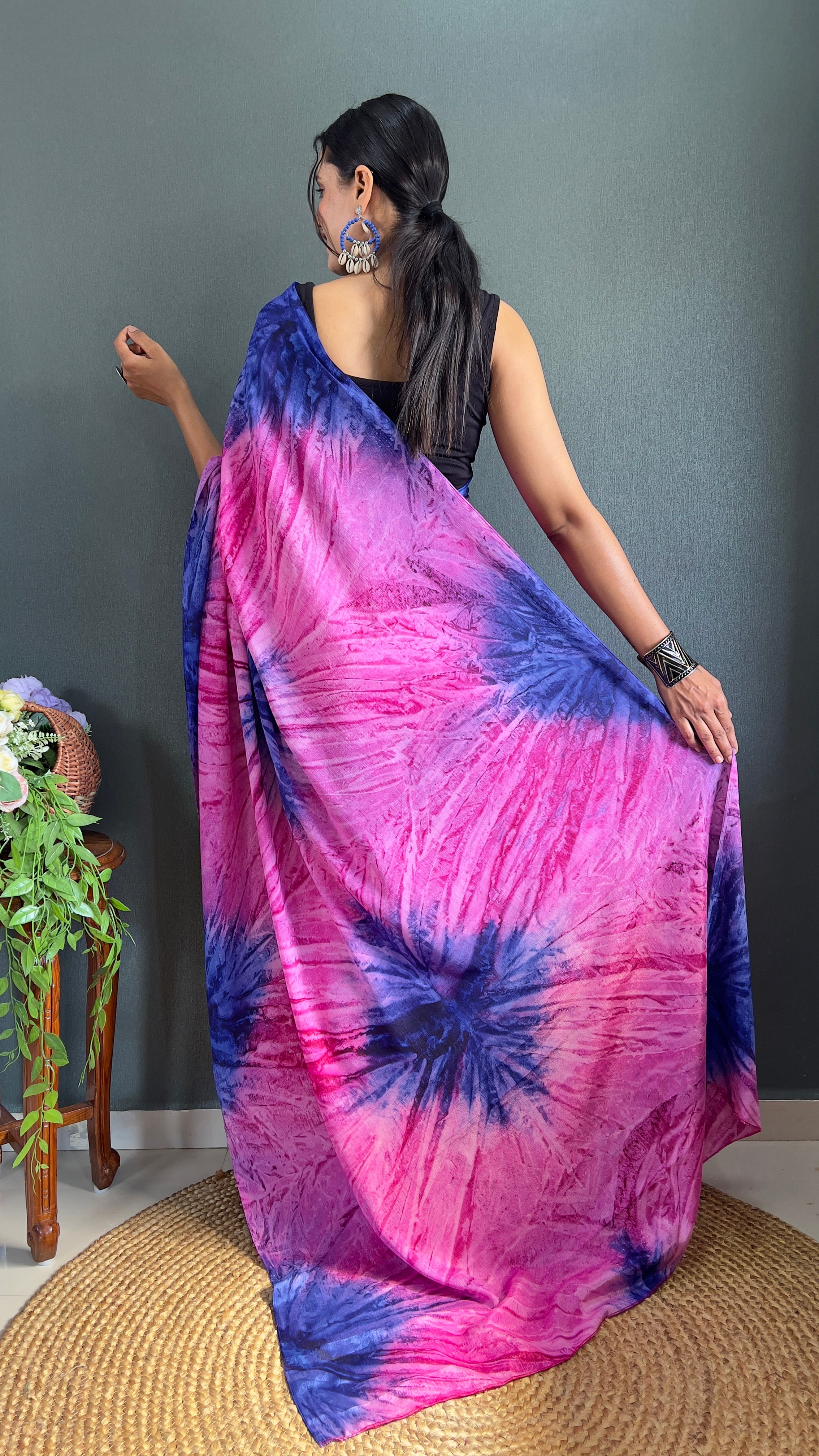 Kalar One Minute Ready To Wear Pink-Blue Saree With Unstiched Blouse