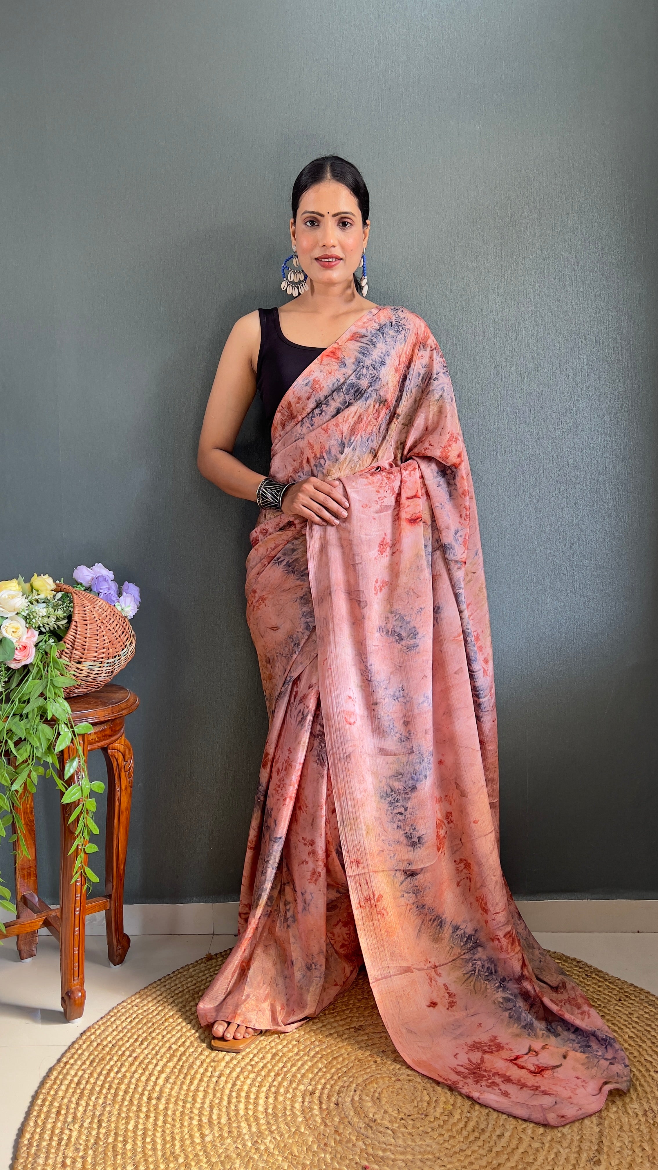 Kalar One Minute Ready To Wear Peach-Grey Saree With Unstiched Blouse