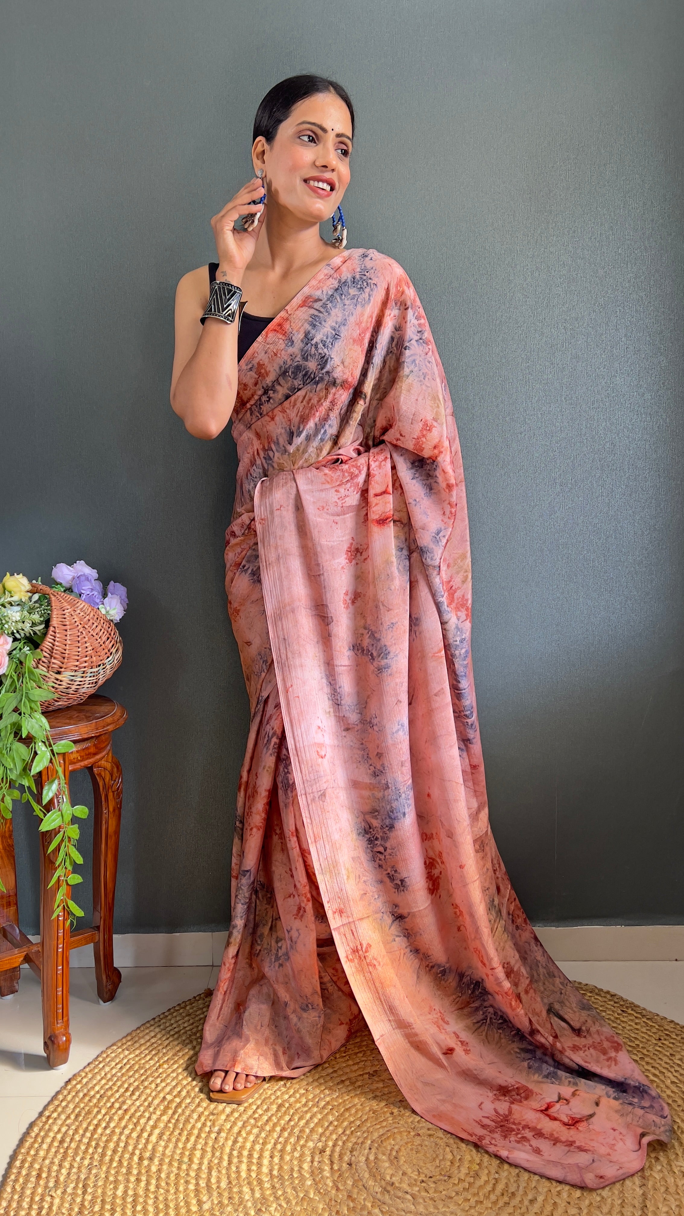 Kalar One Minute Ready To Wear Peach-Grey Saree With Unstiched Blouse