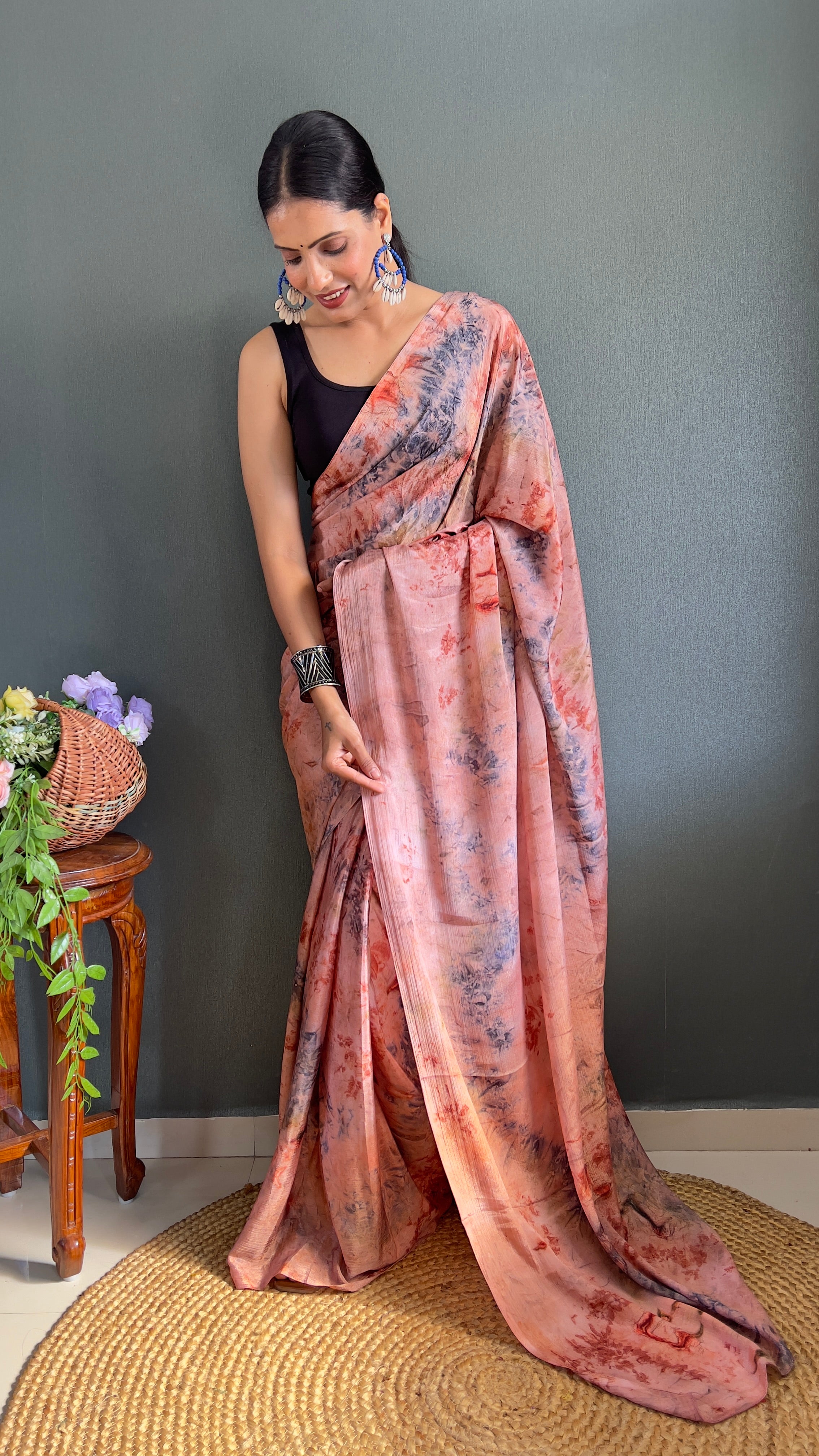 Kalar One Minute Ready To Wear Peach-Grey Saree With Unstiched Blouse