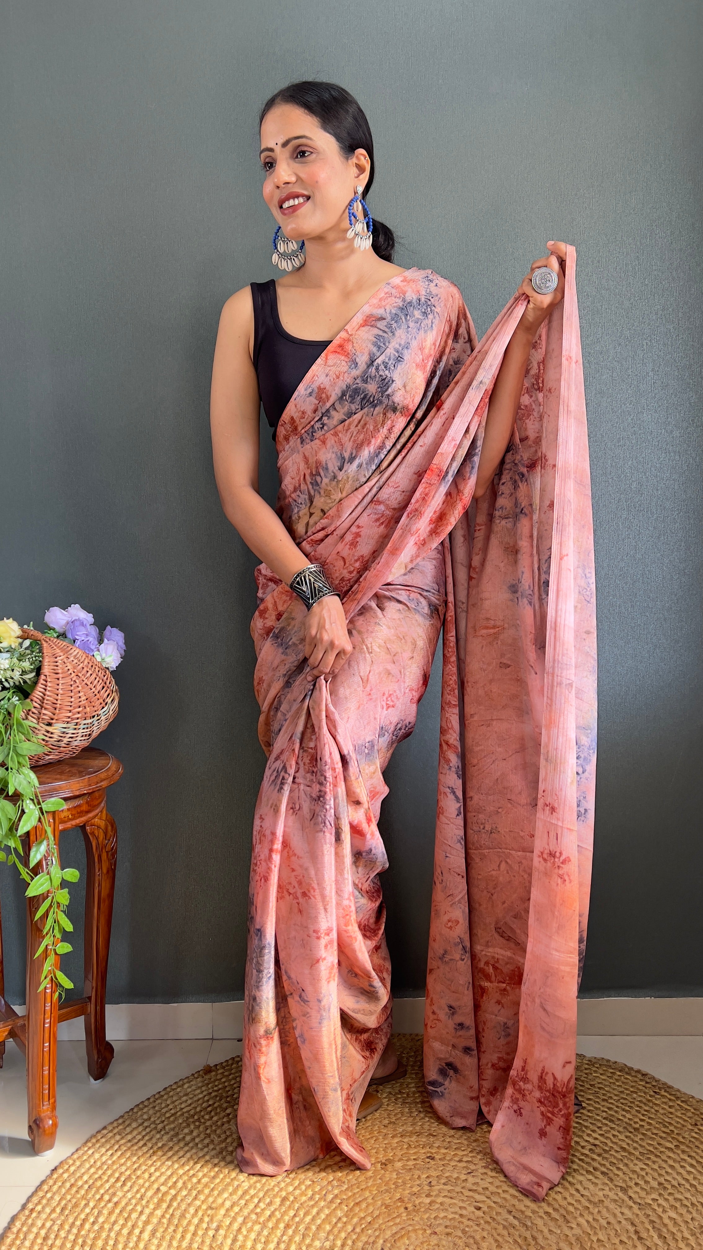 Kalar One Minute Ready To Wear Peach-Grey Saree With Unstiched Blouse