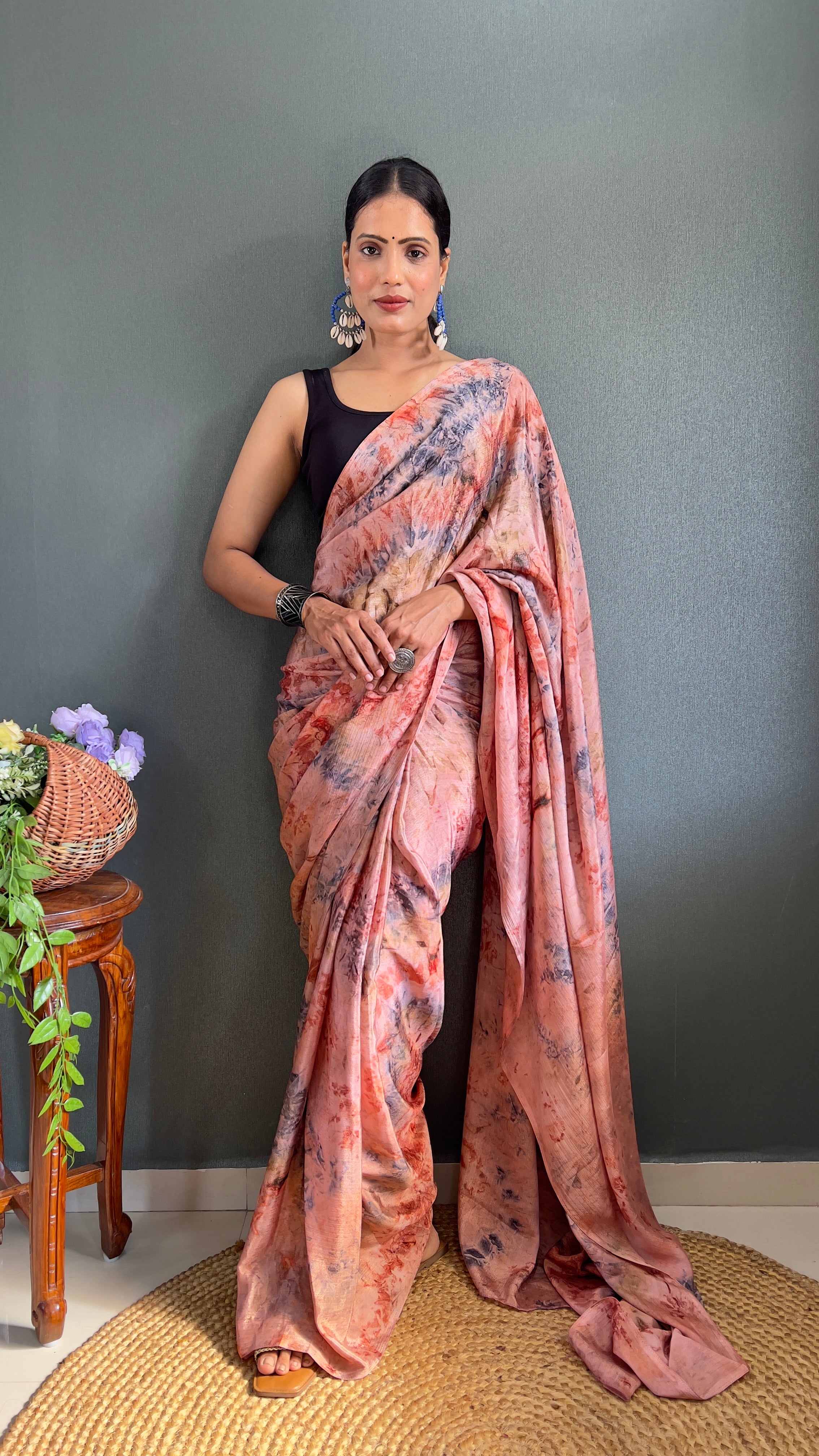 Kalar One Minute Ready To Wear Peach-Grey Saree With Unstiched Blouse