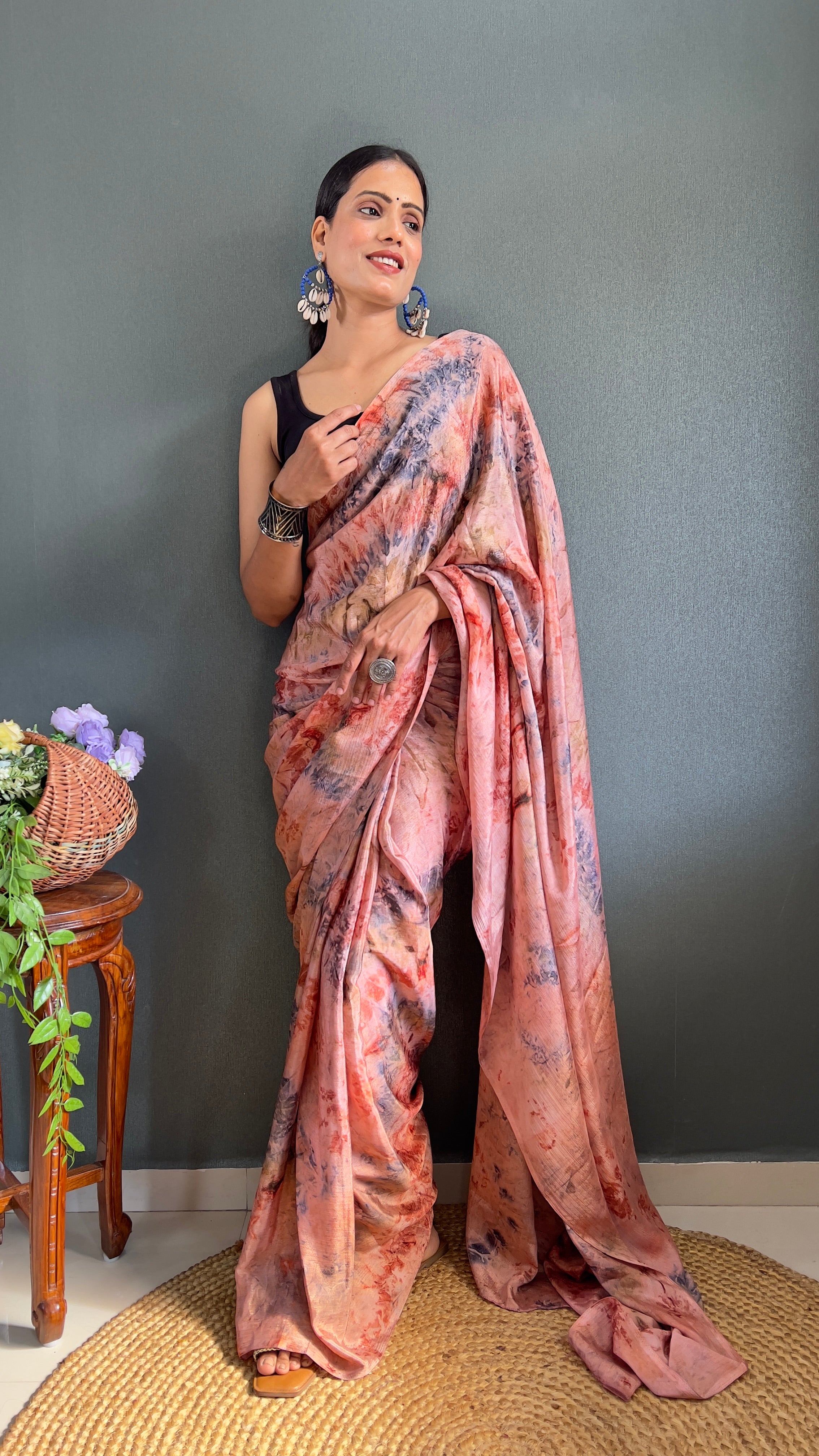 Kalar One Minute Ready To Wear Peach-Grey Saree With Unstiched Blouse