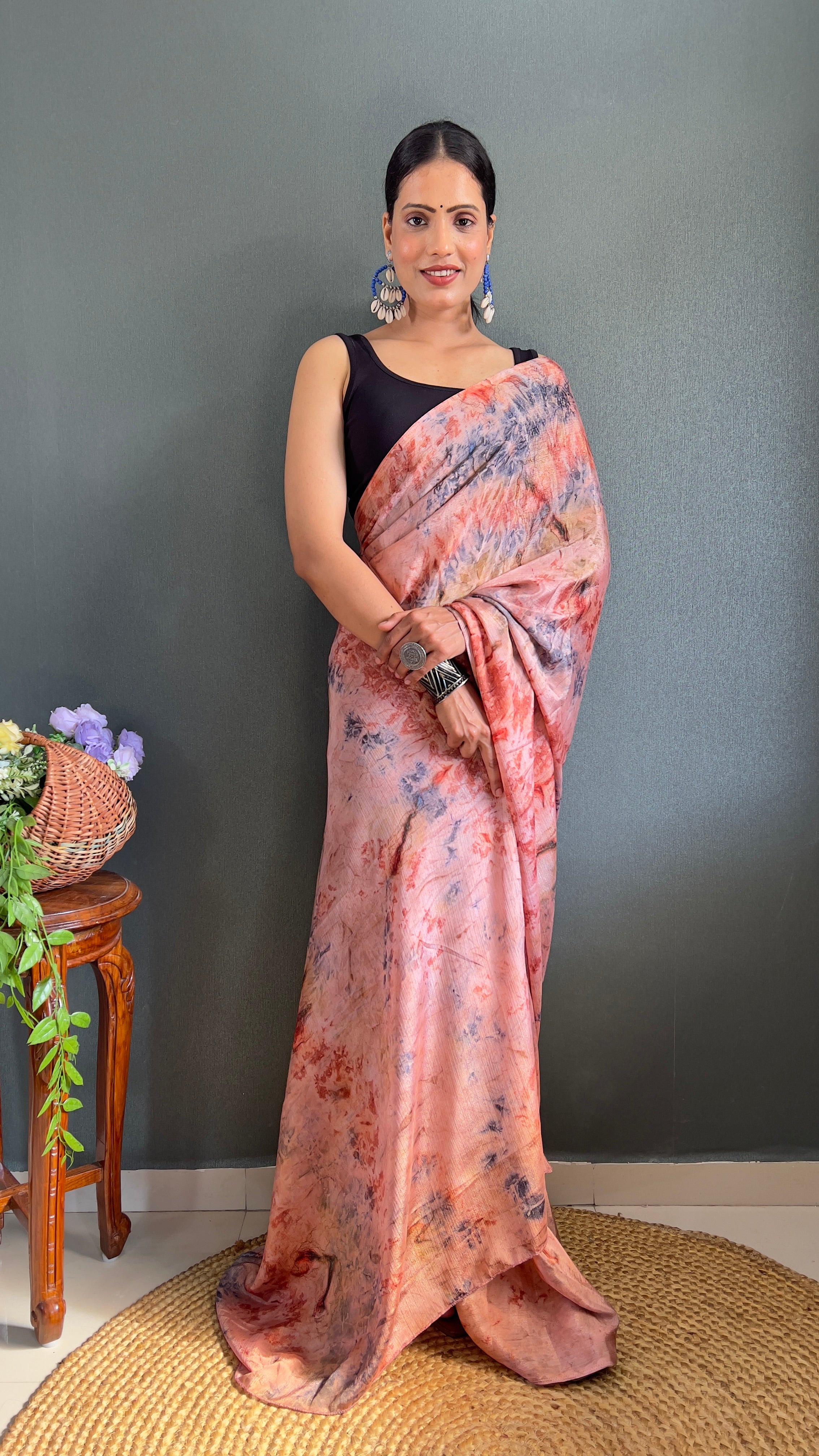 Kalar One Minute Ready To Wear Peach-Grey Saree With Unstiched Blouse