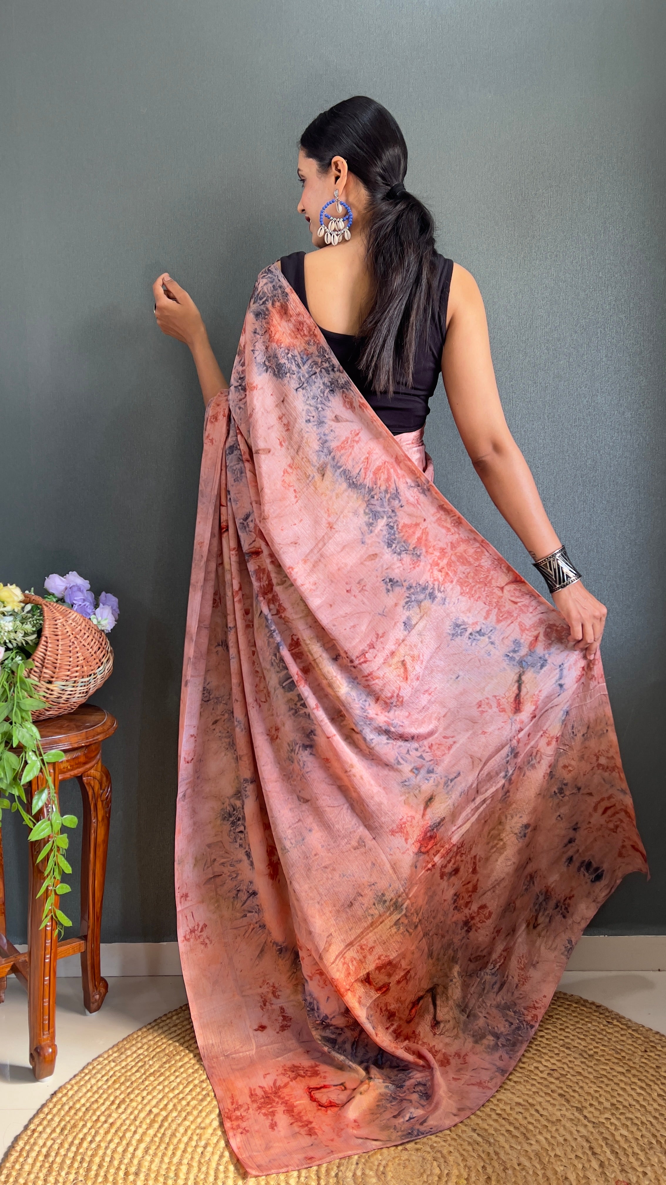 Kalar One Minute Ready To Wear Peach-Grey Saree With Unstiched Blouse