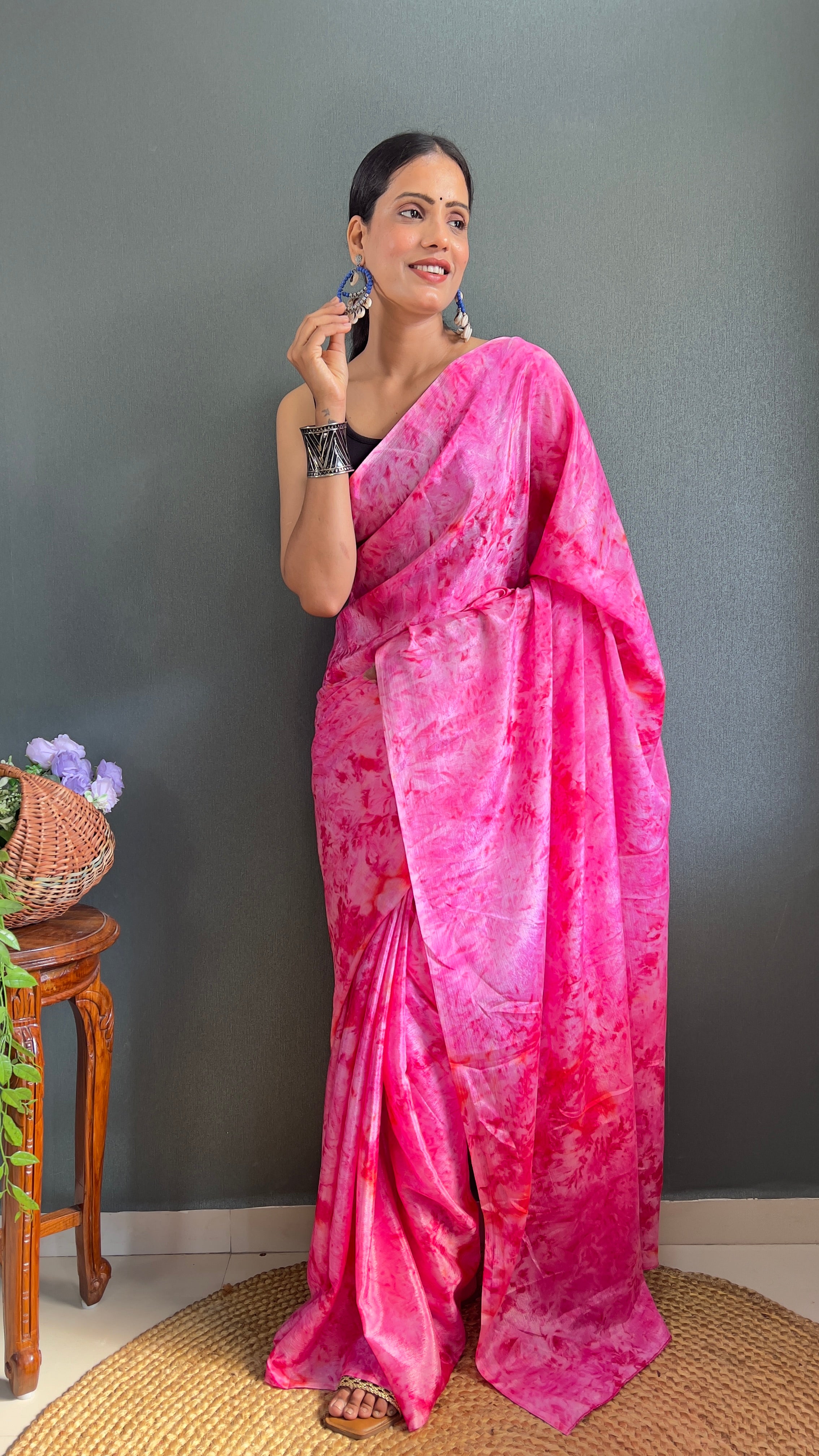 Kalar One Minute Ready To Wear Pink-Red Saree With Unstiched Blouse