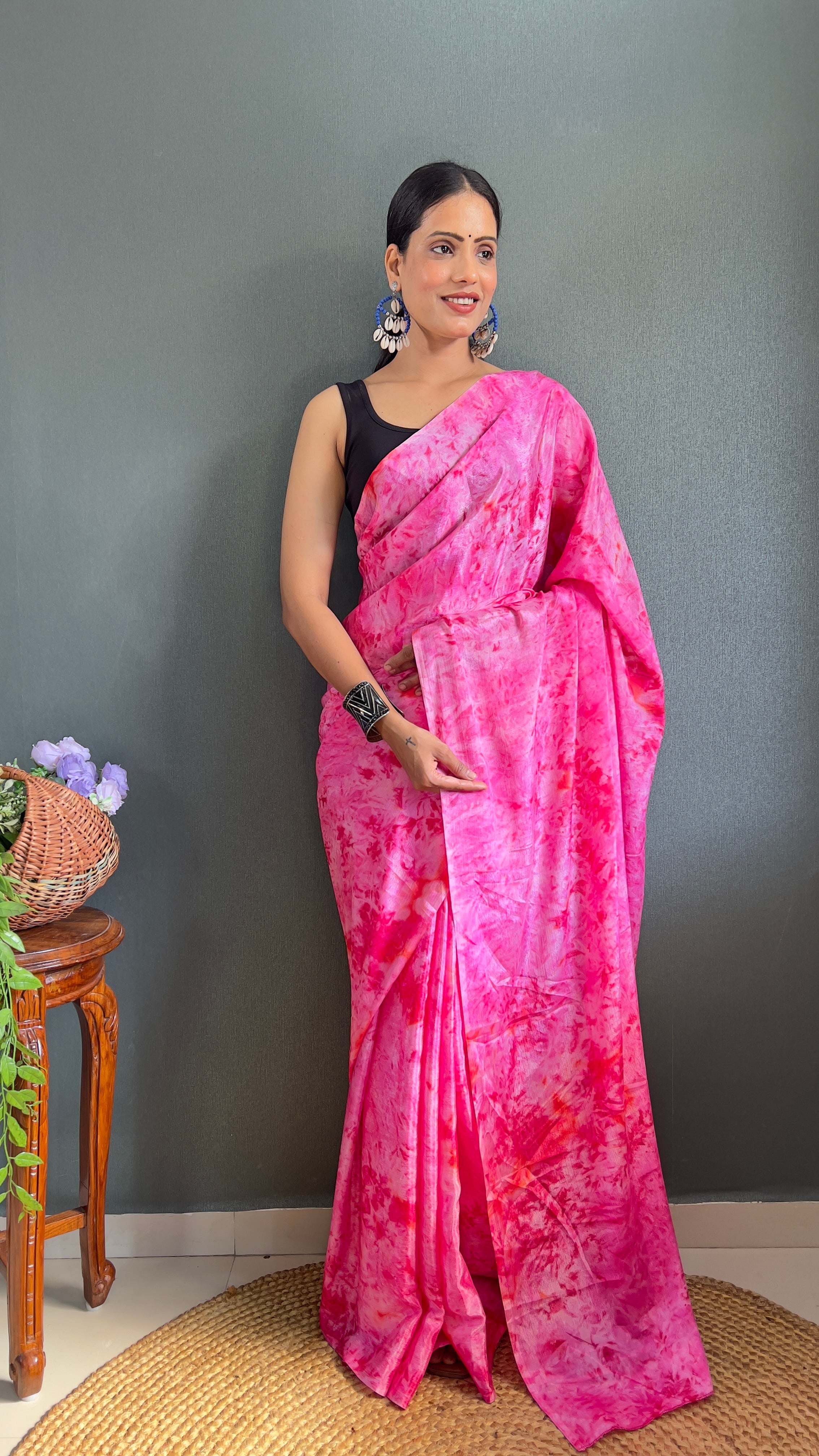 Kalar One Minute Ready To Wear Pink-Red Saree With Unstiched Blouse