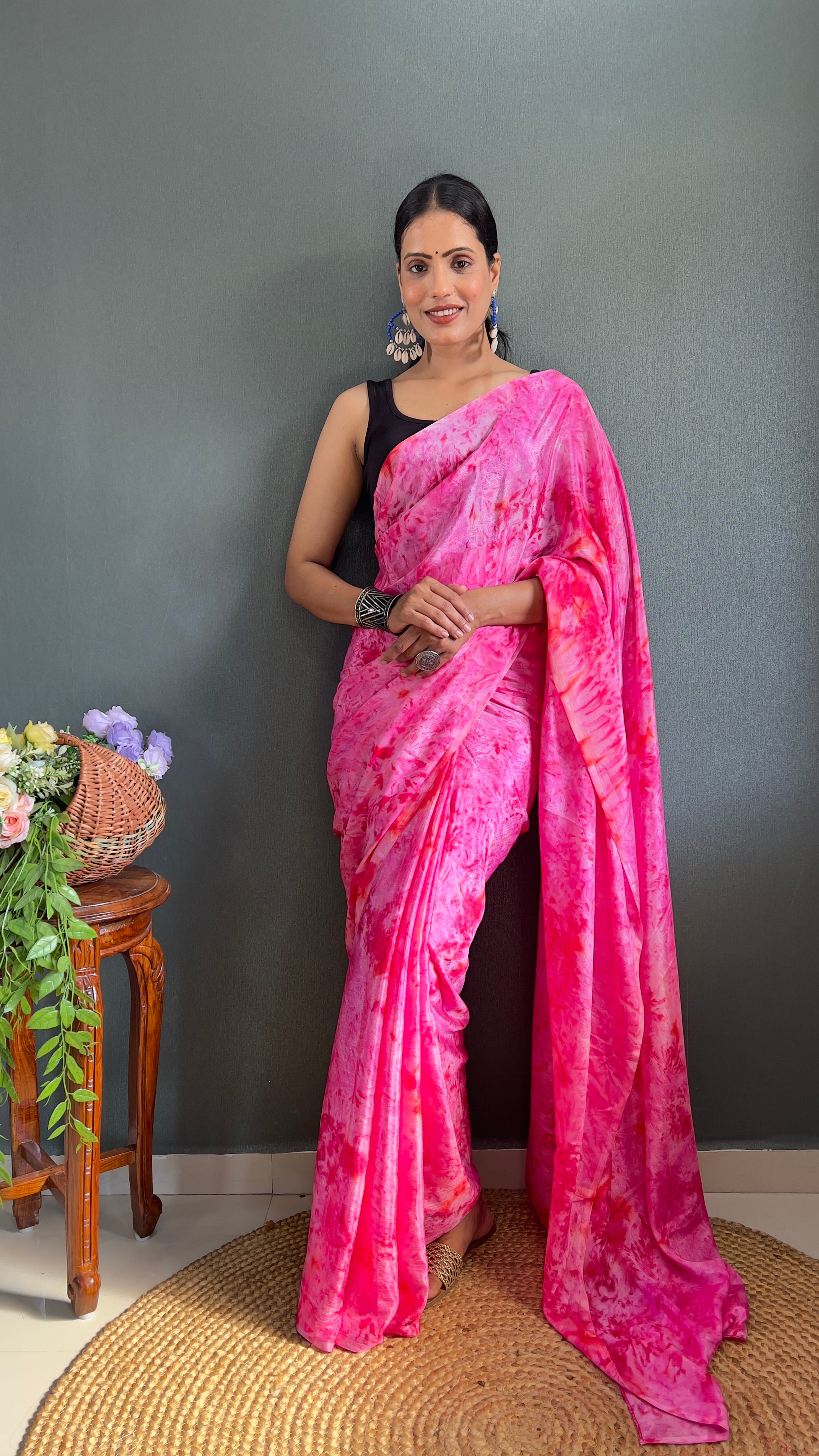 Kalar One Minute Ready To Wear Pink-Red Saree With Unstiched Blouse