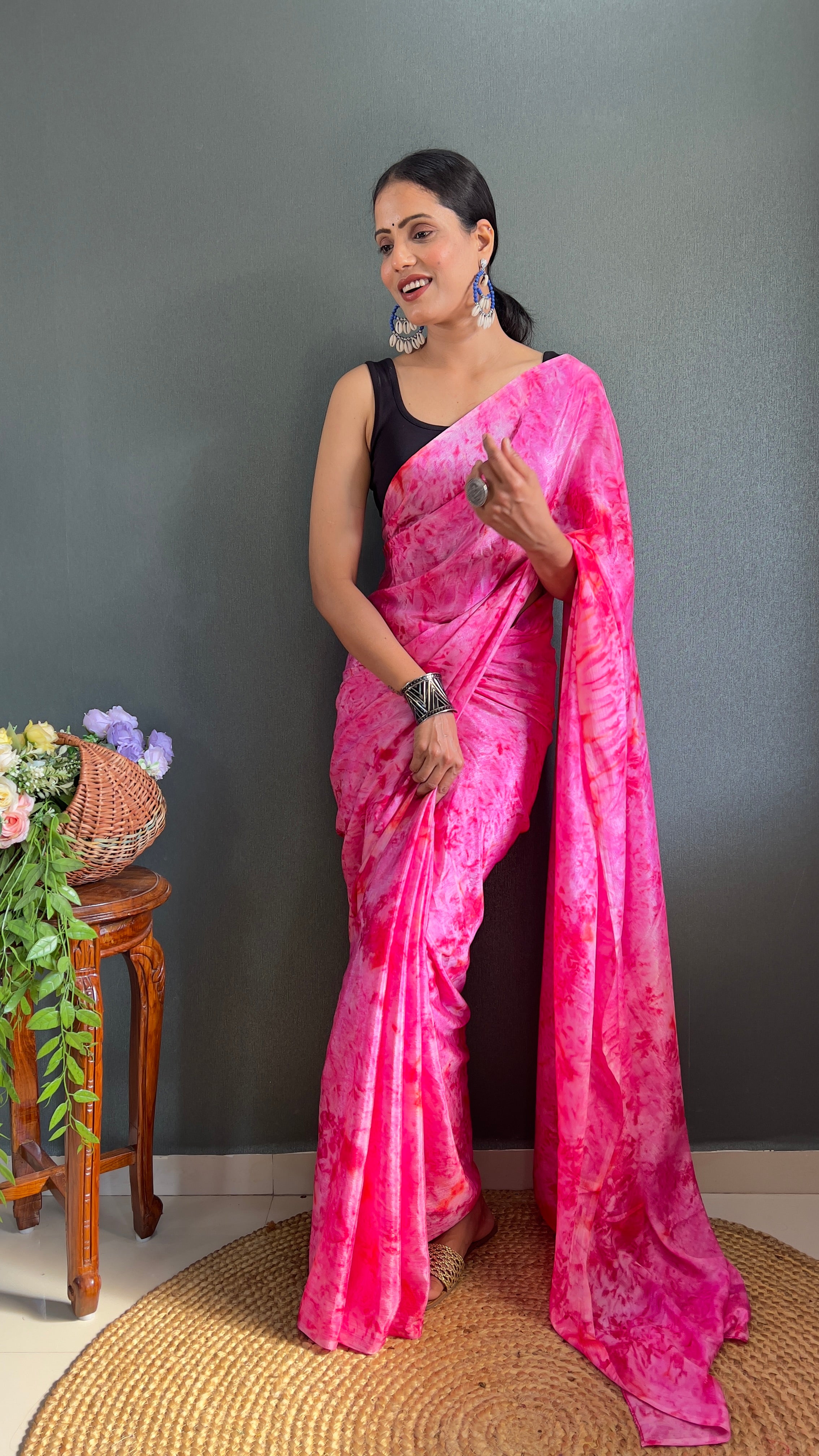 Kalar One Minute Ready To Wear Pink-Red Saree With Unstiched Blouse