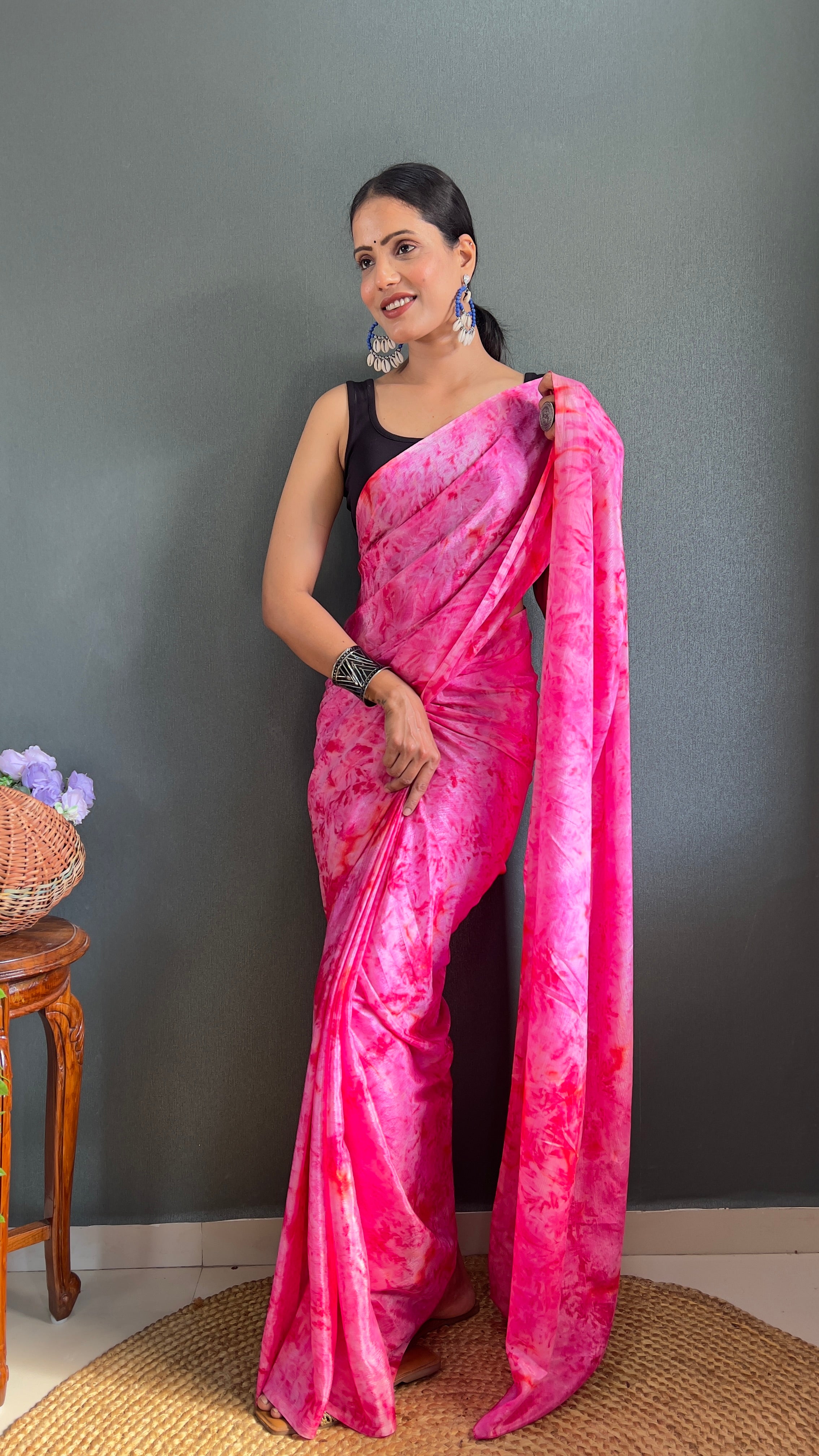 Kalar One Minute Ready To Wear Pink-Red Saree With Unstiched Blouse