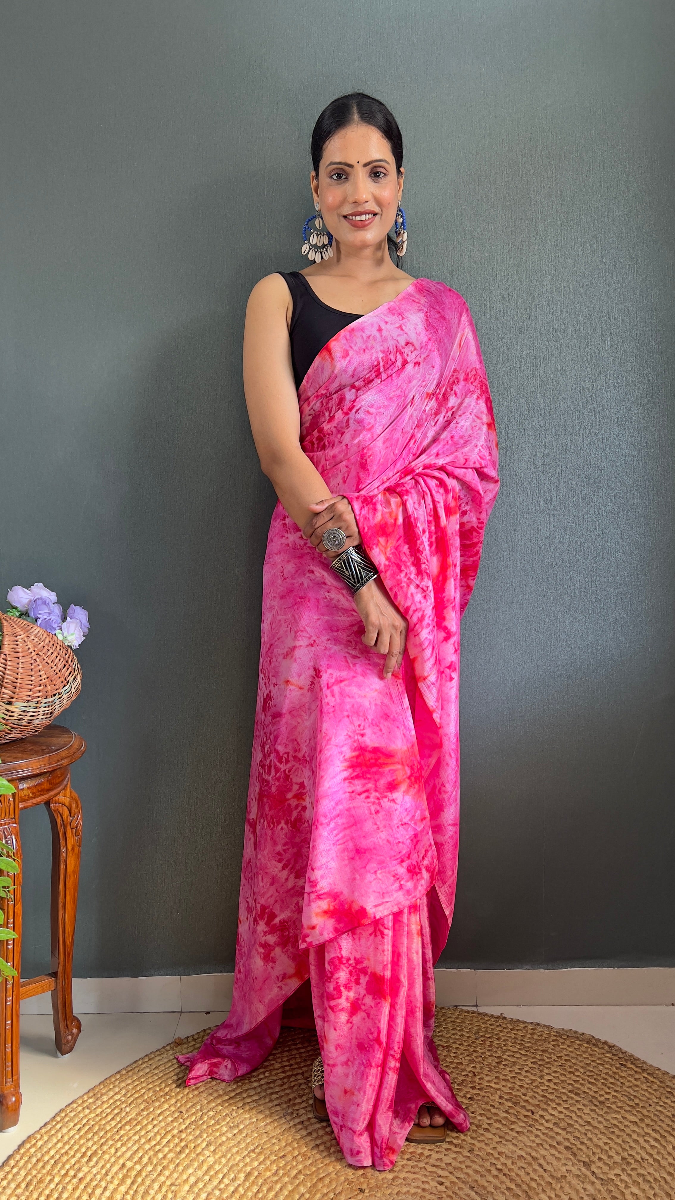 Kalar One Minute Ready To Wear Pink-Red Saree With Unstiched Blouse