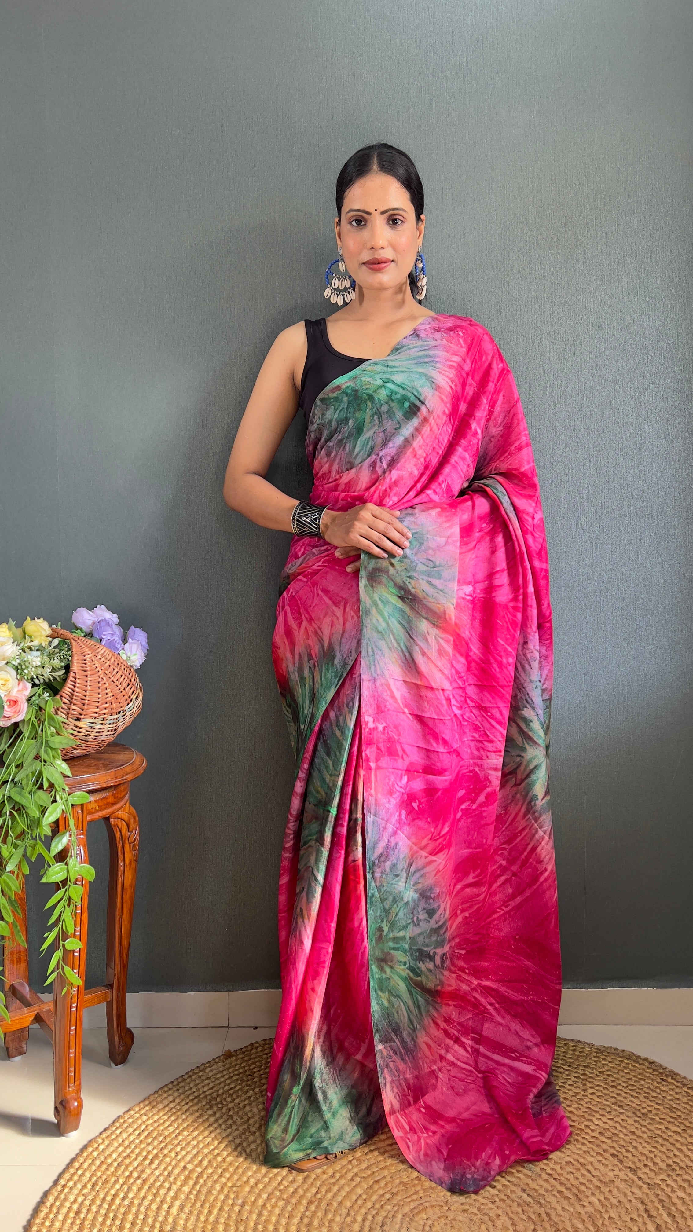 Kalar One Minute Ready To Wear Pink-Grey Saree With Unstiched Blouse