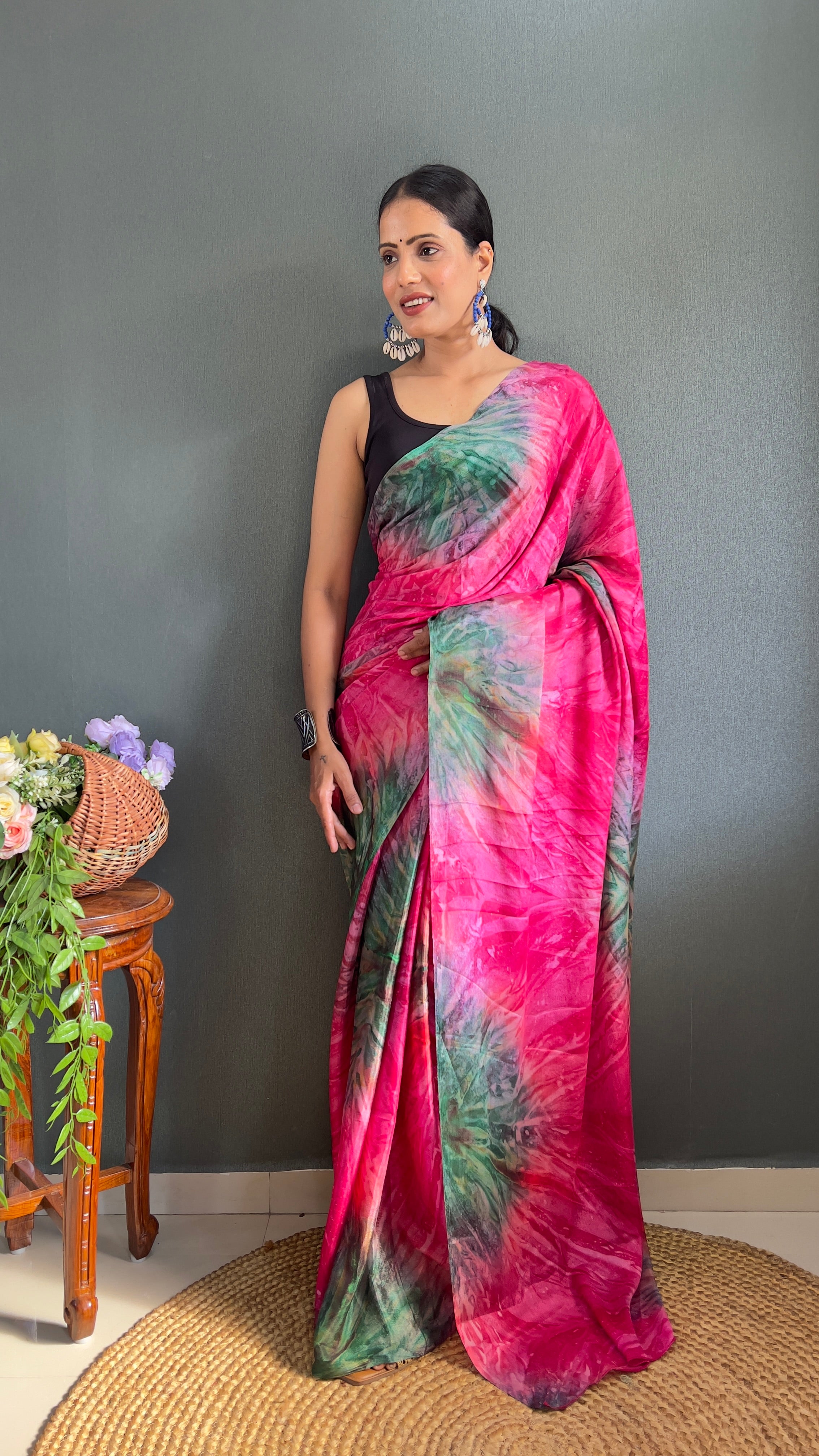 Kalar One Minute Ready To Wear Pink-Grey Saree With Unstiched Blouse