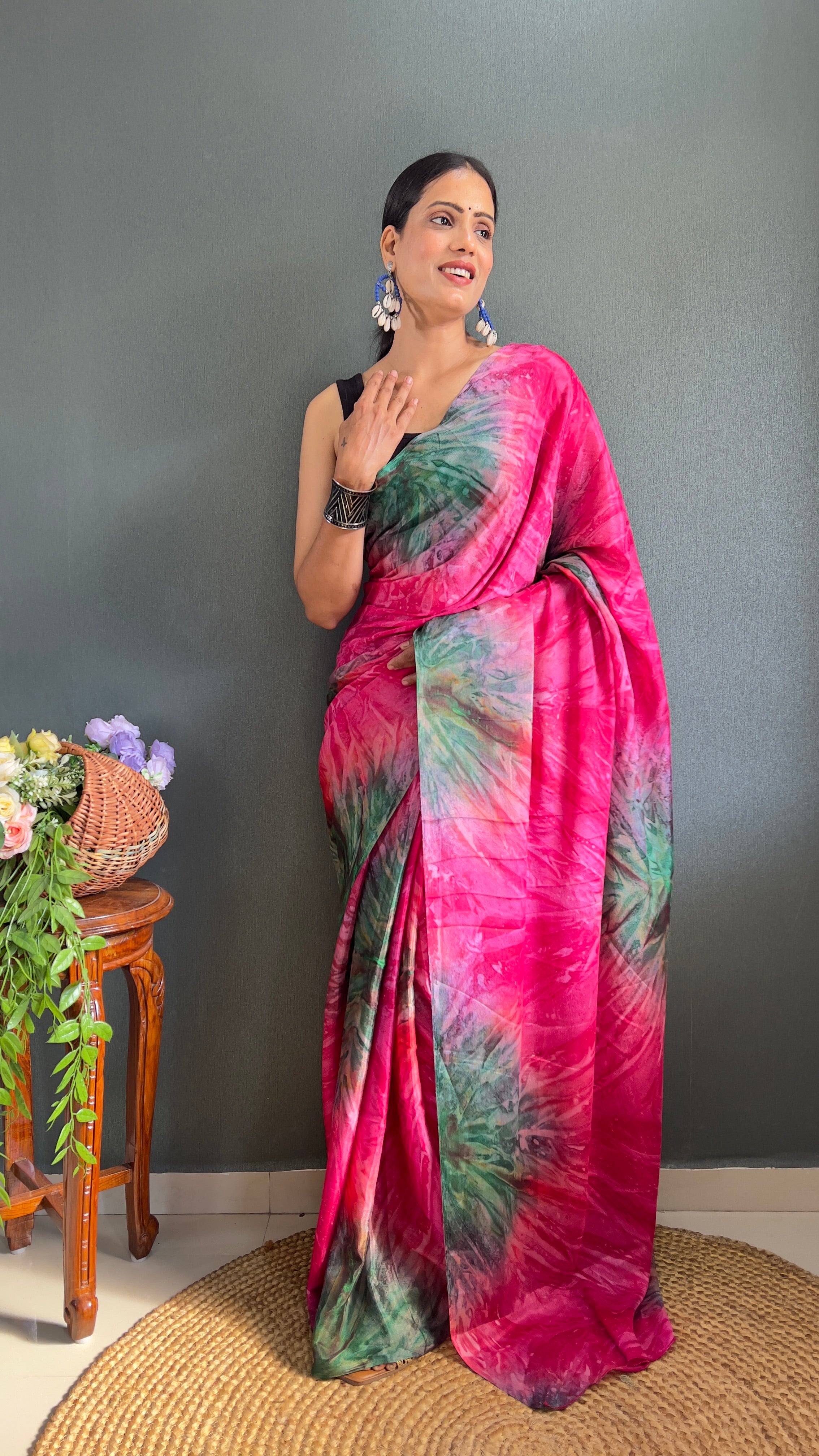 Kalar One Minute Ready To Wear Pink-Grey Saree With Unstiched Blouse