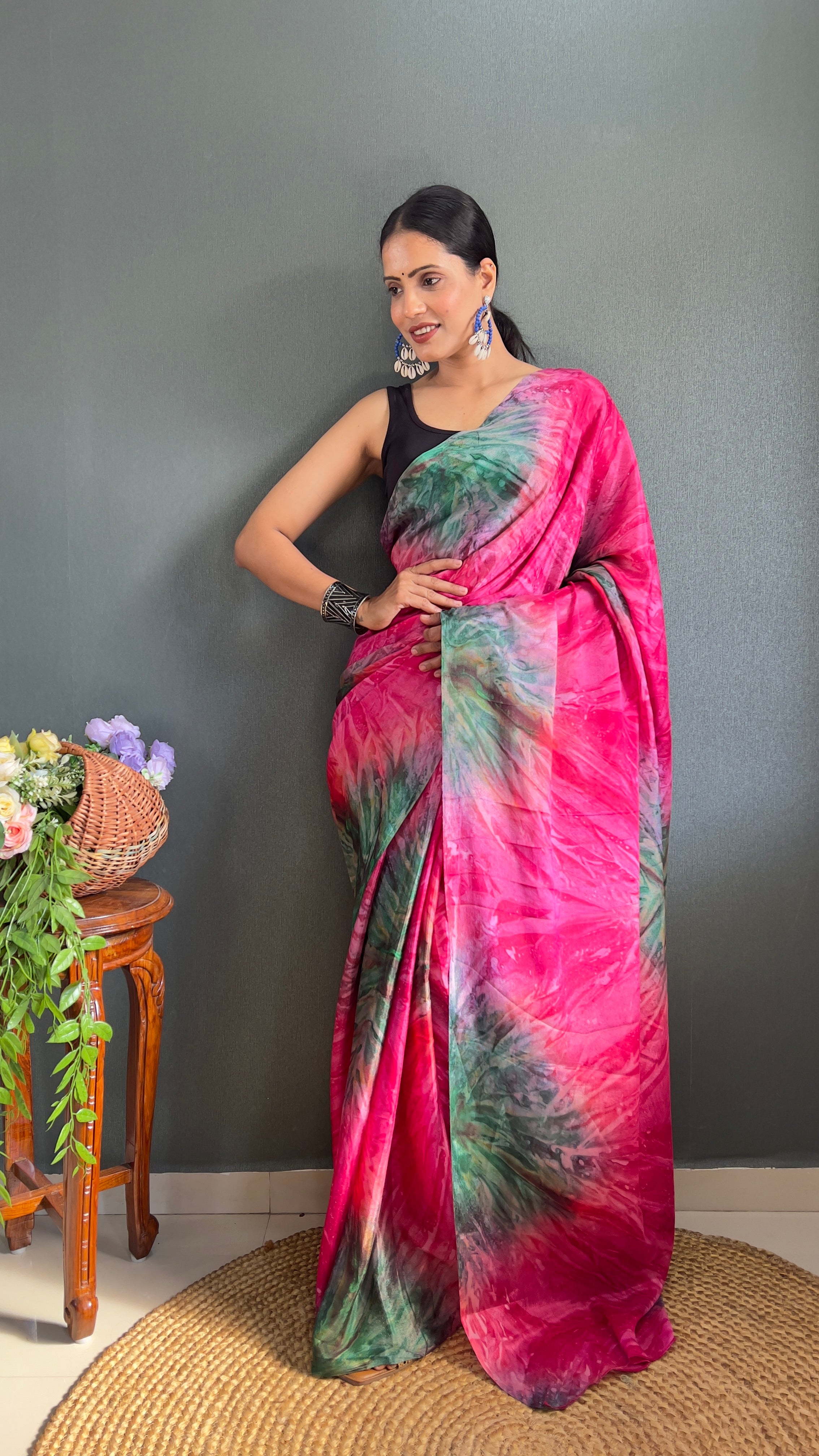 Kalar One Minute Ready To Wear Pink-Grey Saree With Unstiched Blouse