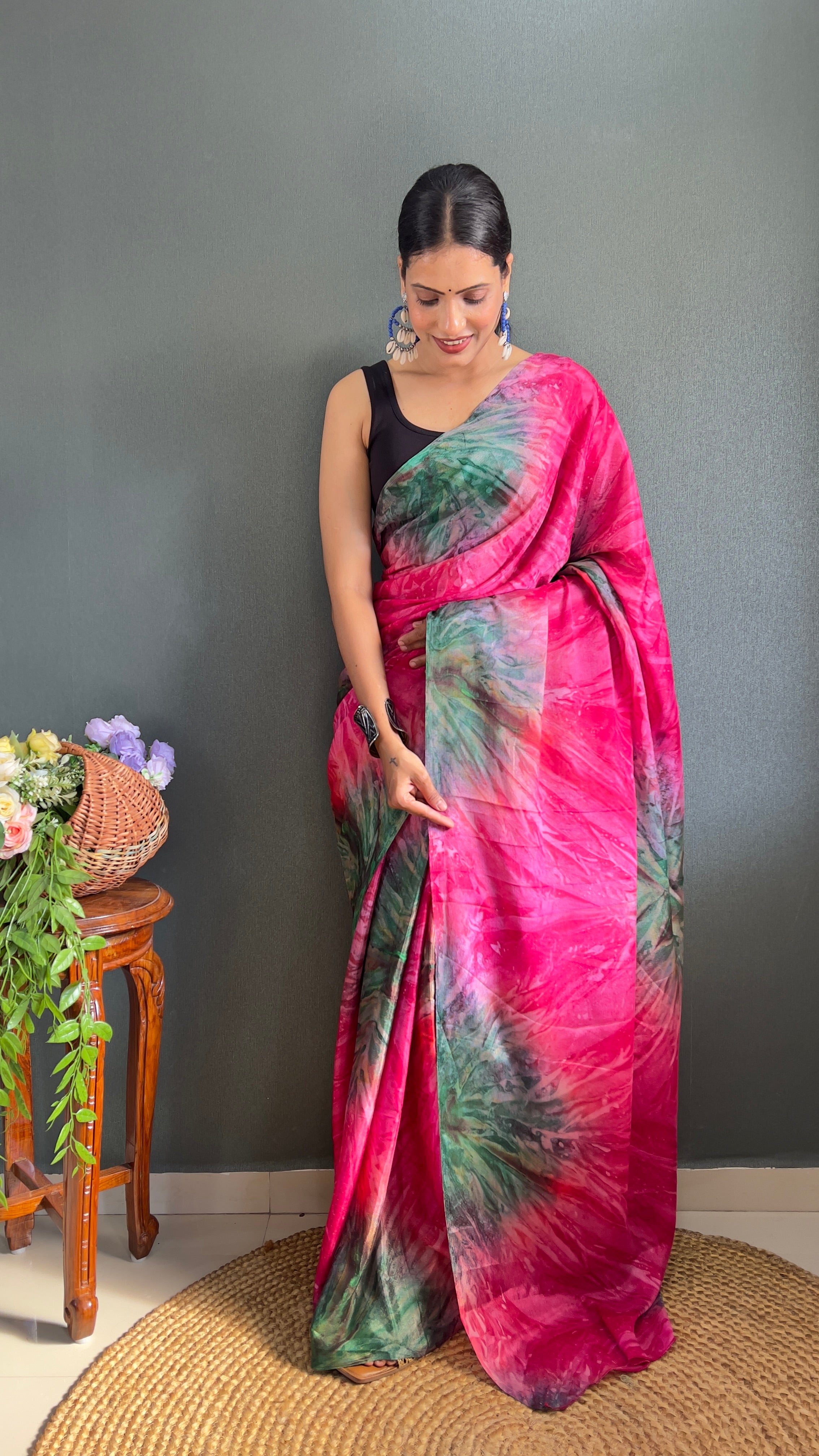 Kalar One Minute Ready To Wear Pink-Grey Saree With Unstiched Blouse