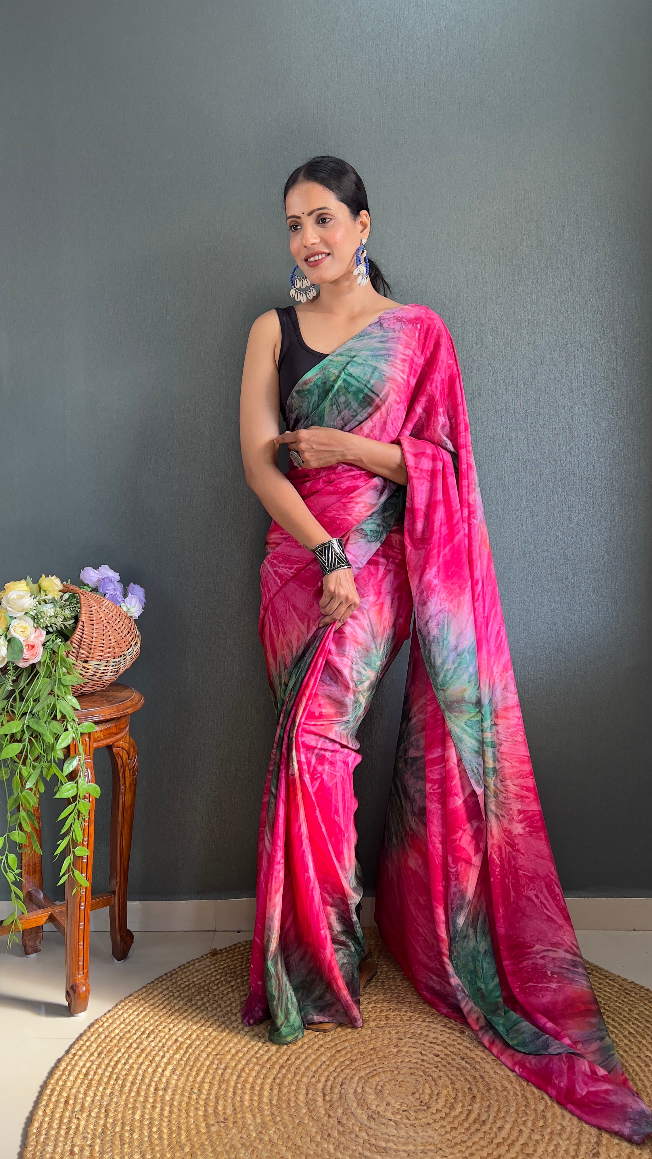 Kalar One Minute Ready To Wear Pink-Grey Saree With Unstiched Blouse