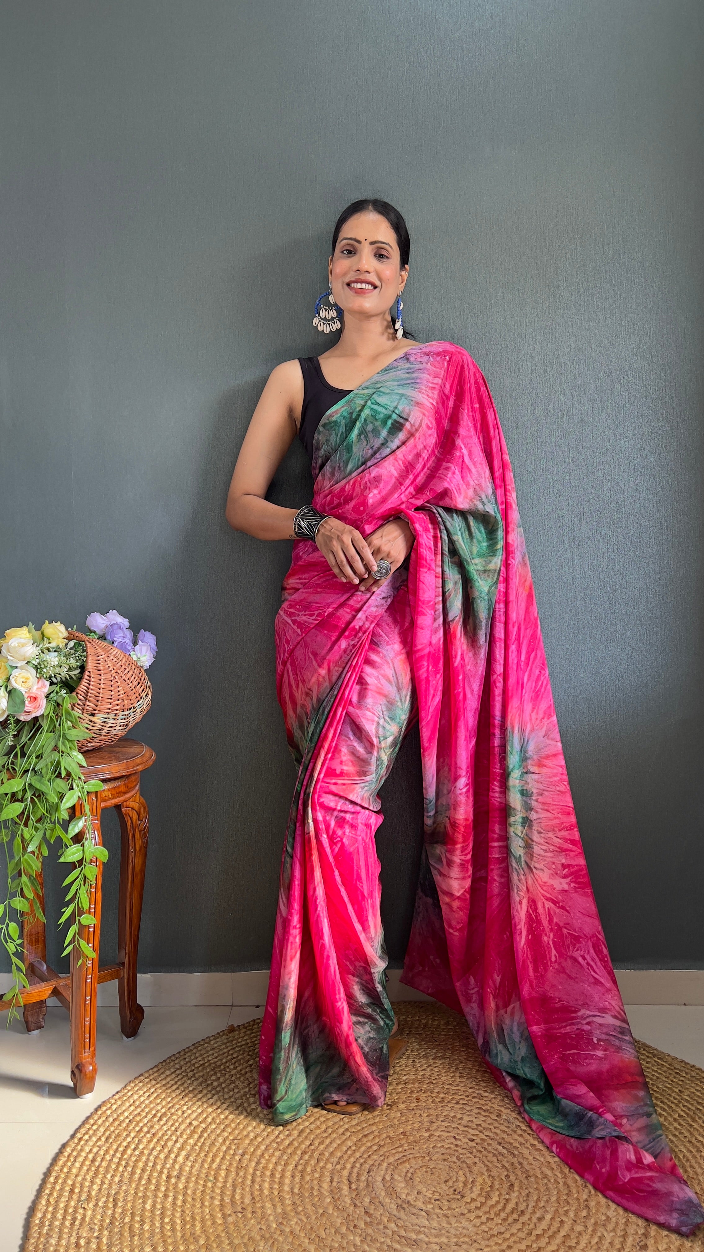 Kalar One Minute Ready To Wear Pink-Grey Saree With Unstiched Blouse