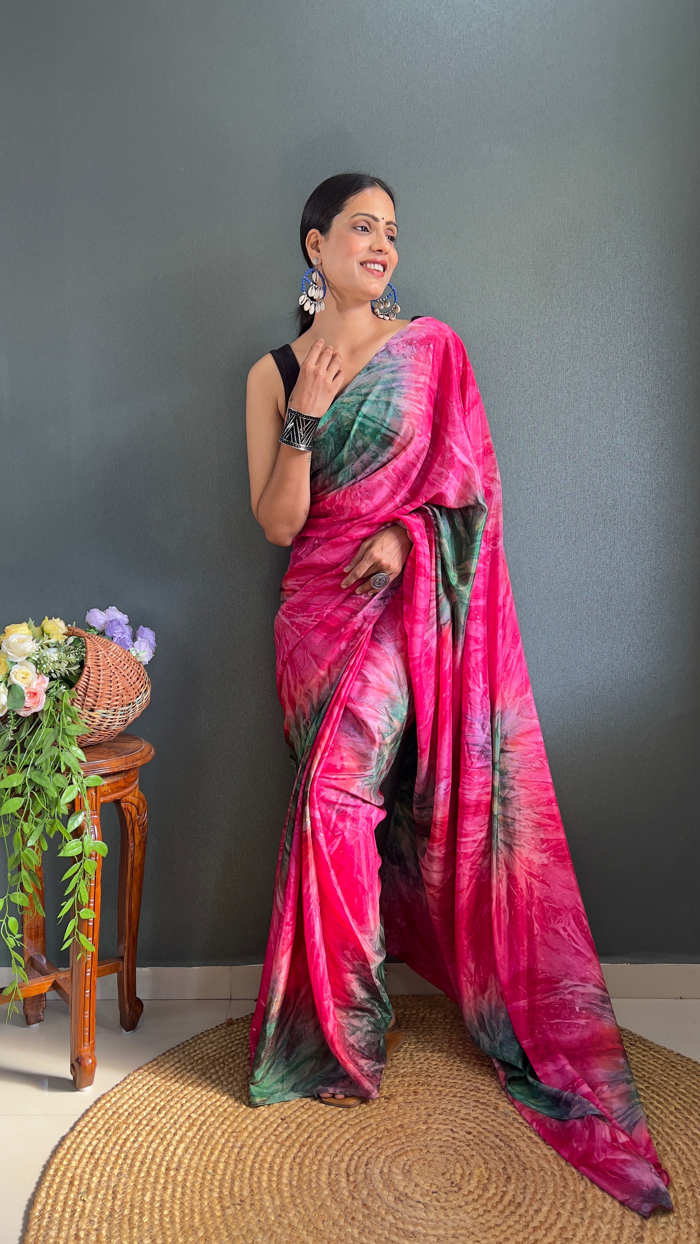 Kalar One Minute Ready To Wear Pink-Grey Saree With Unstiched Blouse