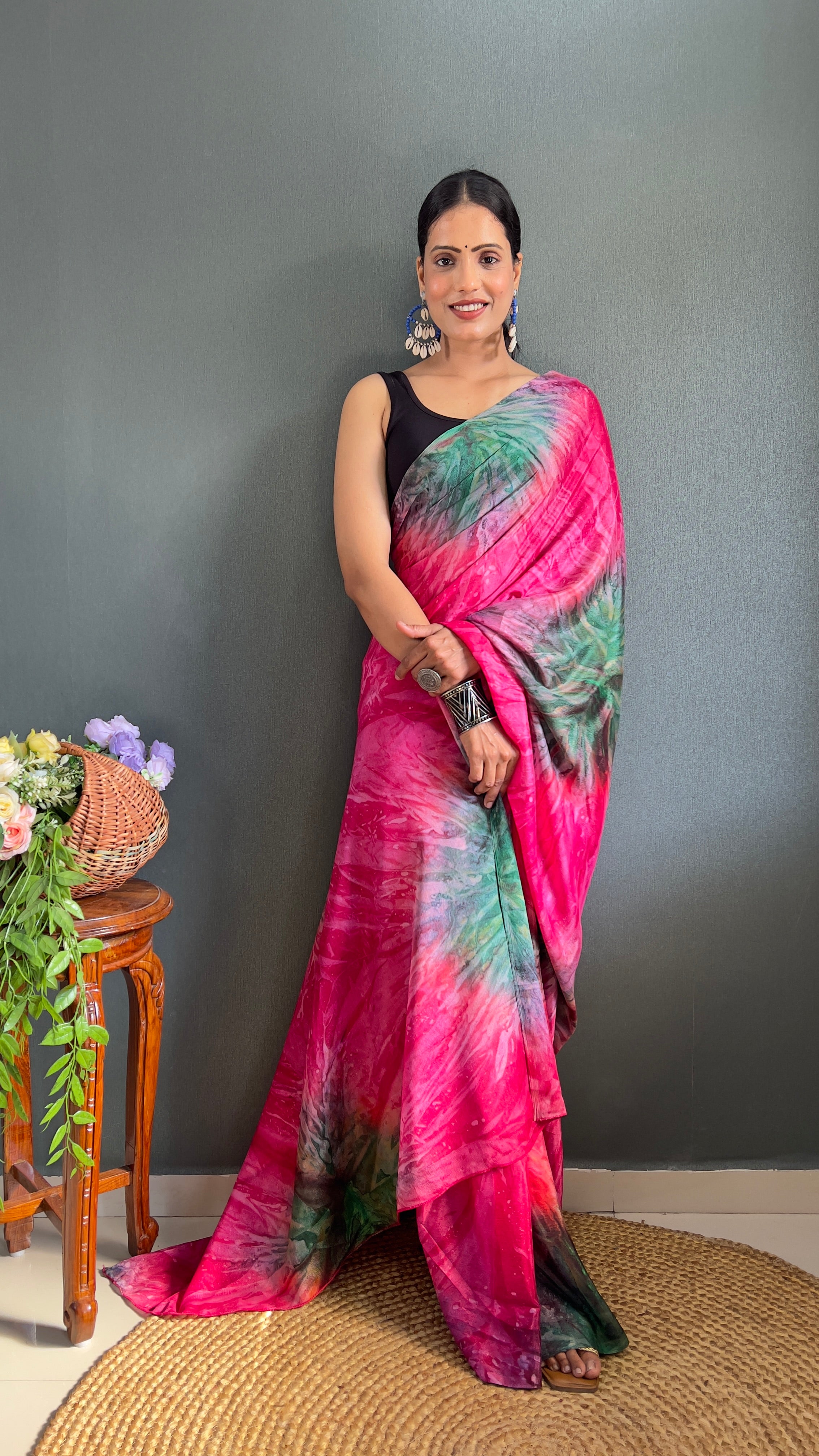 Kalar One Minute Ready To Wear Pink-Grey Saree With Unstiched Blouse