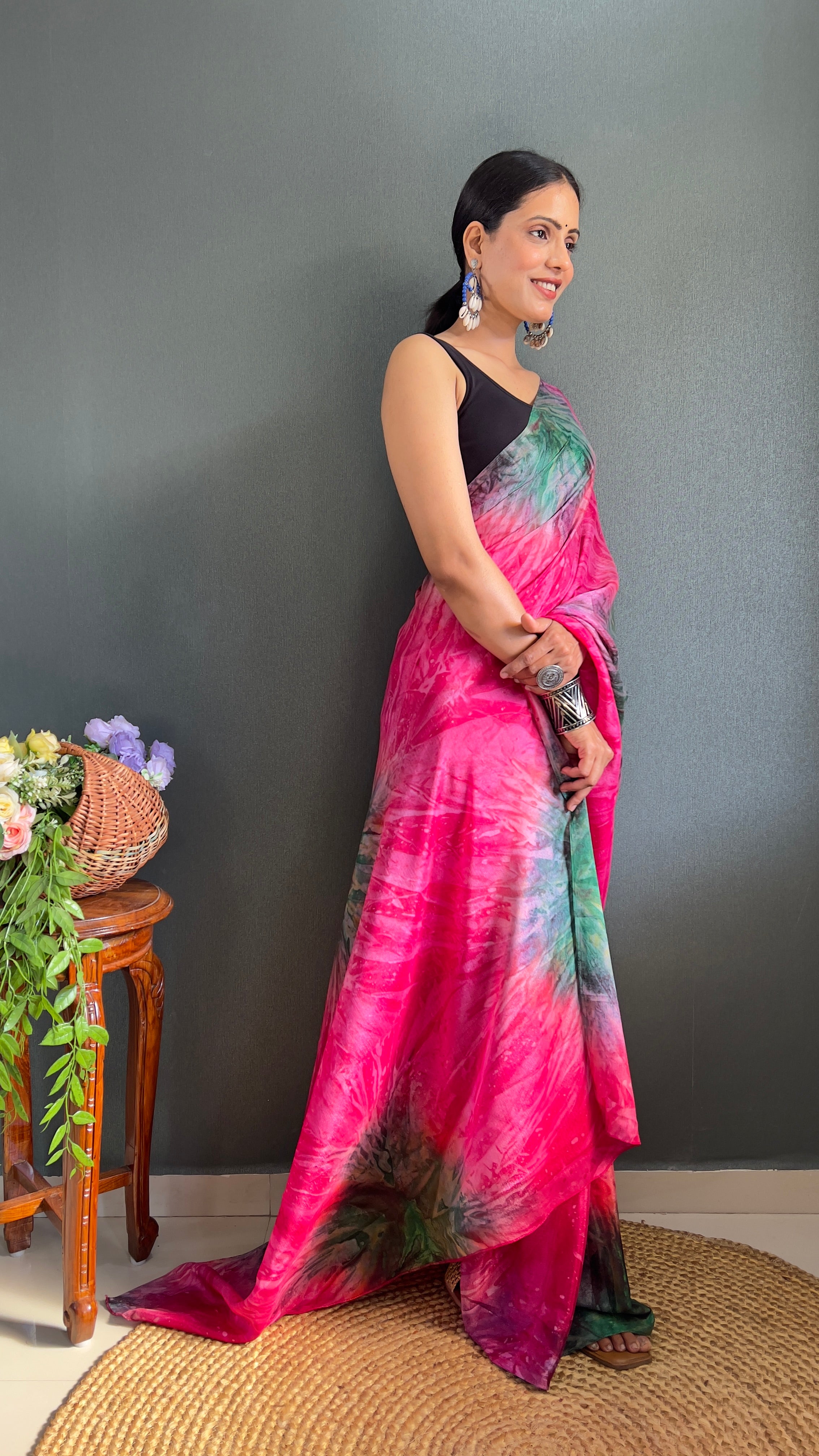 Kalar One Minute Ready To Wear Pink-Grey Saree With Unstiched Blouse