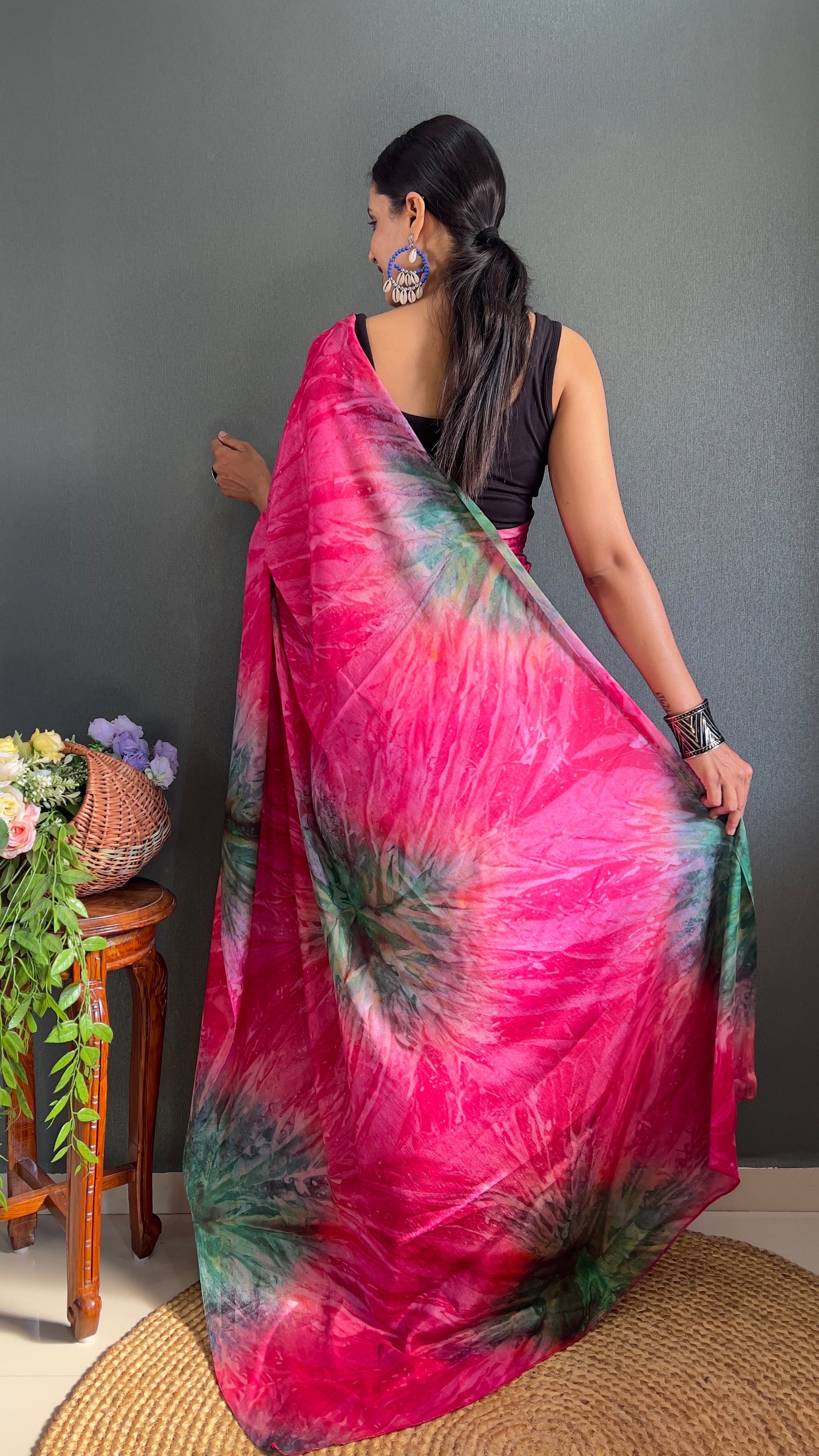 Kalar One Minute Ready To Wear Pink-Grey Saree With Unstiched Blouse