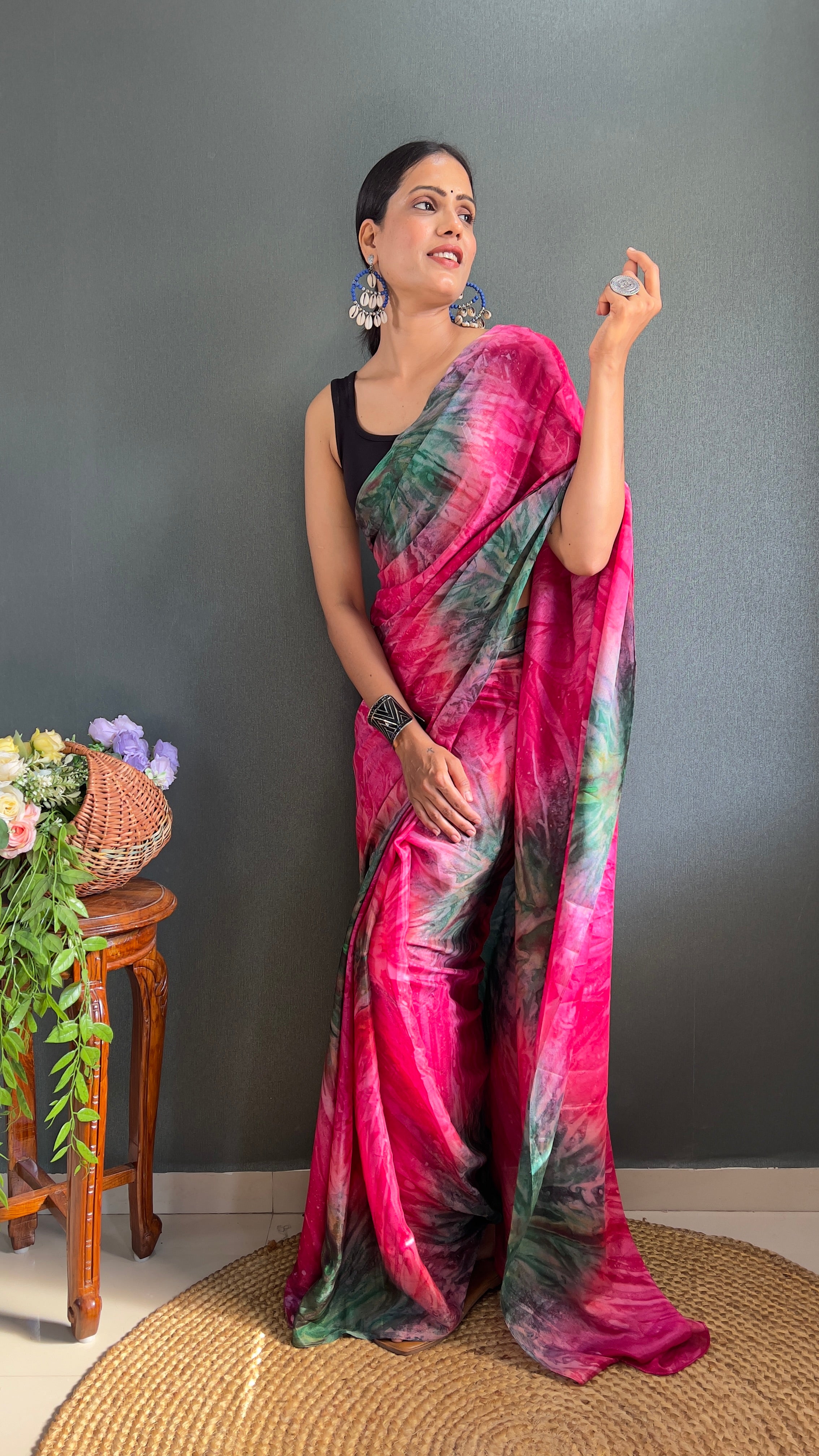 Kalar One Minute Ready To Wear Pink-Grey Saree With Unstiched Blouse