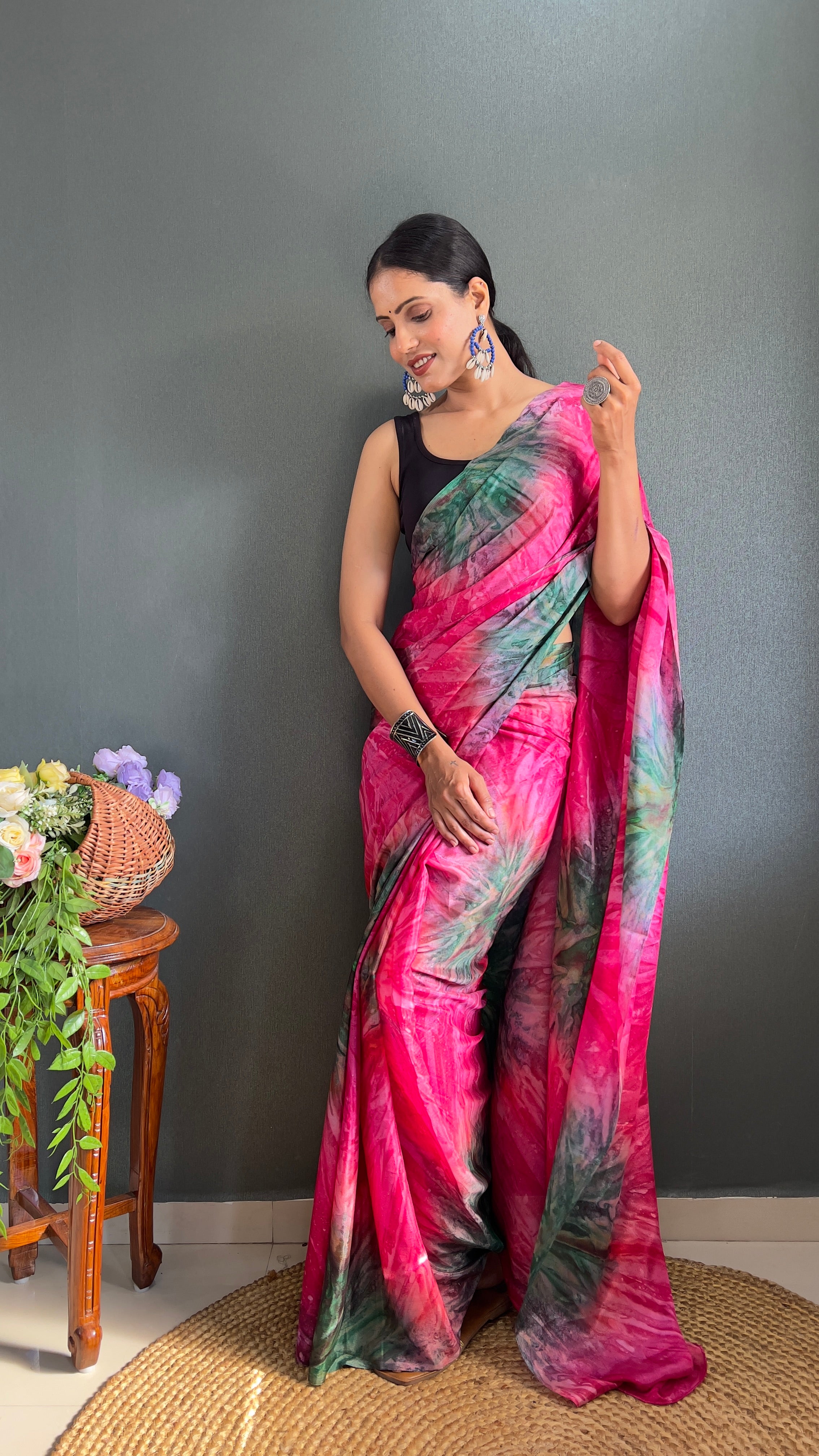 Kalar One Minute Ready To Wear Pink-Grey Saree With Unstiched Blouse