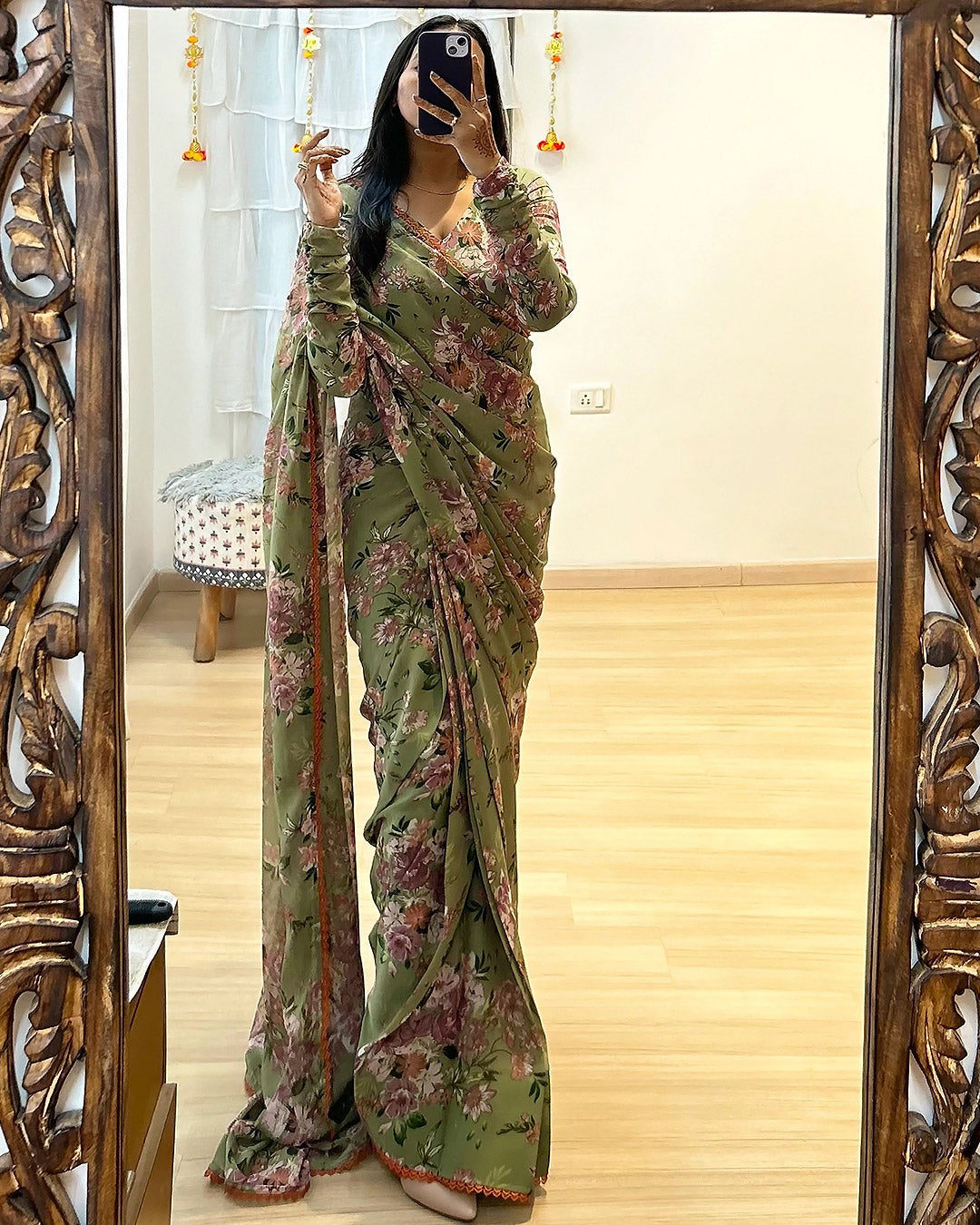 One Minute Ready To Wear Mehendi Floral Saree