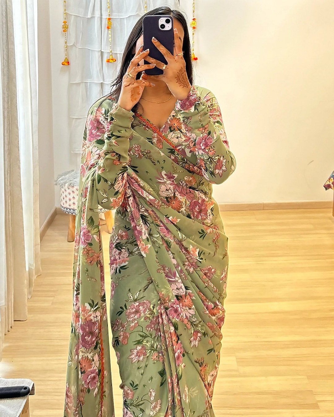 One Minute Ready To Wear Mehendi Floral Saree